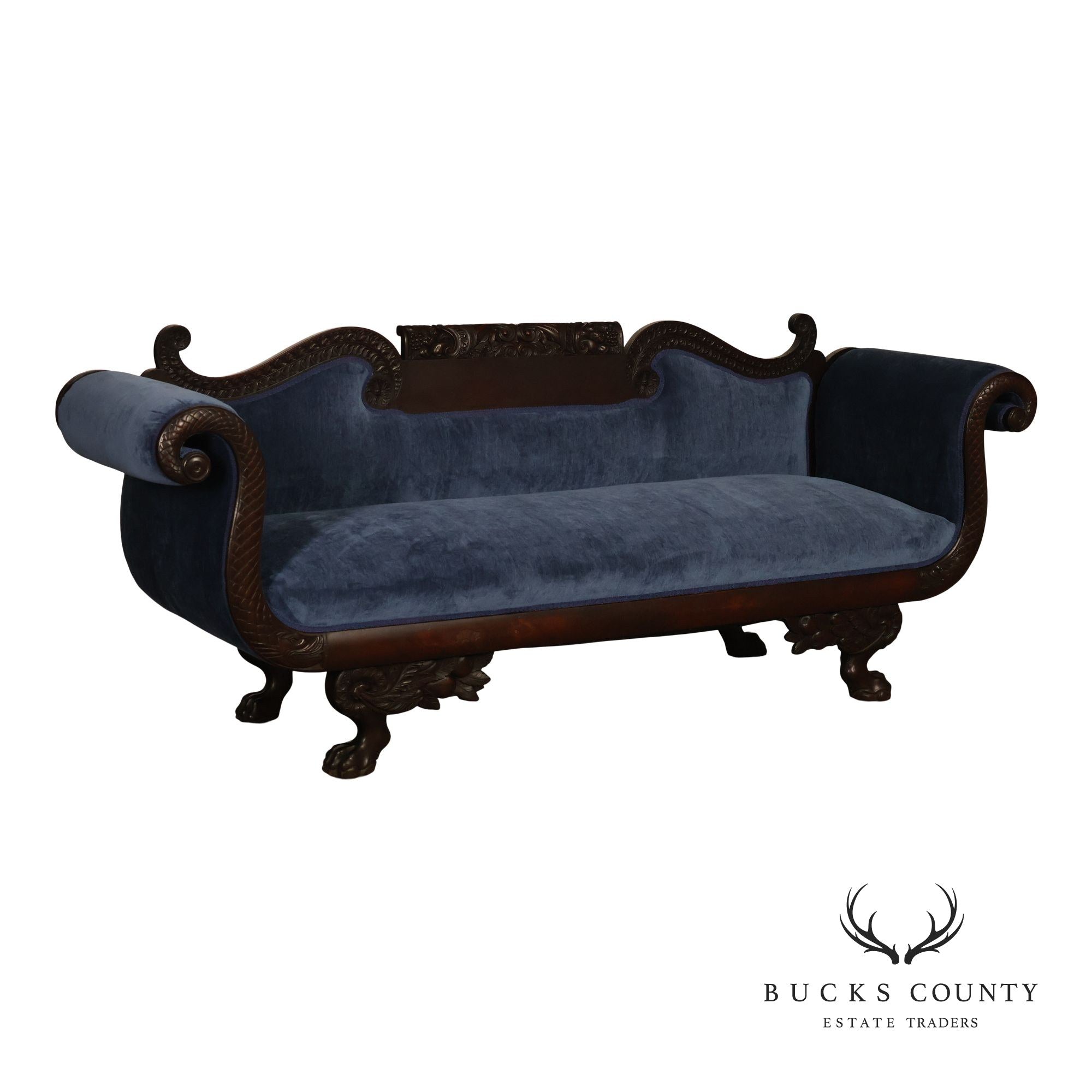 Antique American Empire Mahogany Carved Swan Arm Sofa With Blue  Upholstery