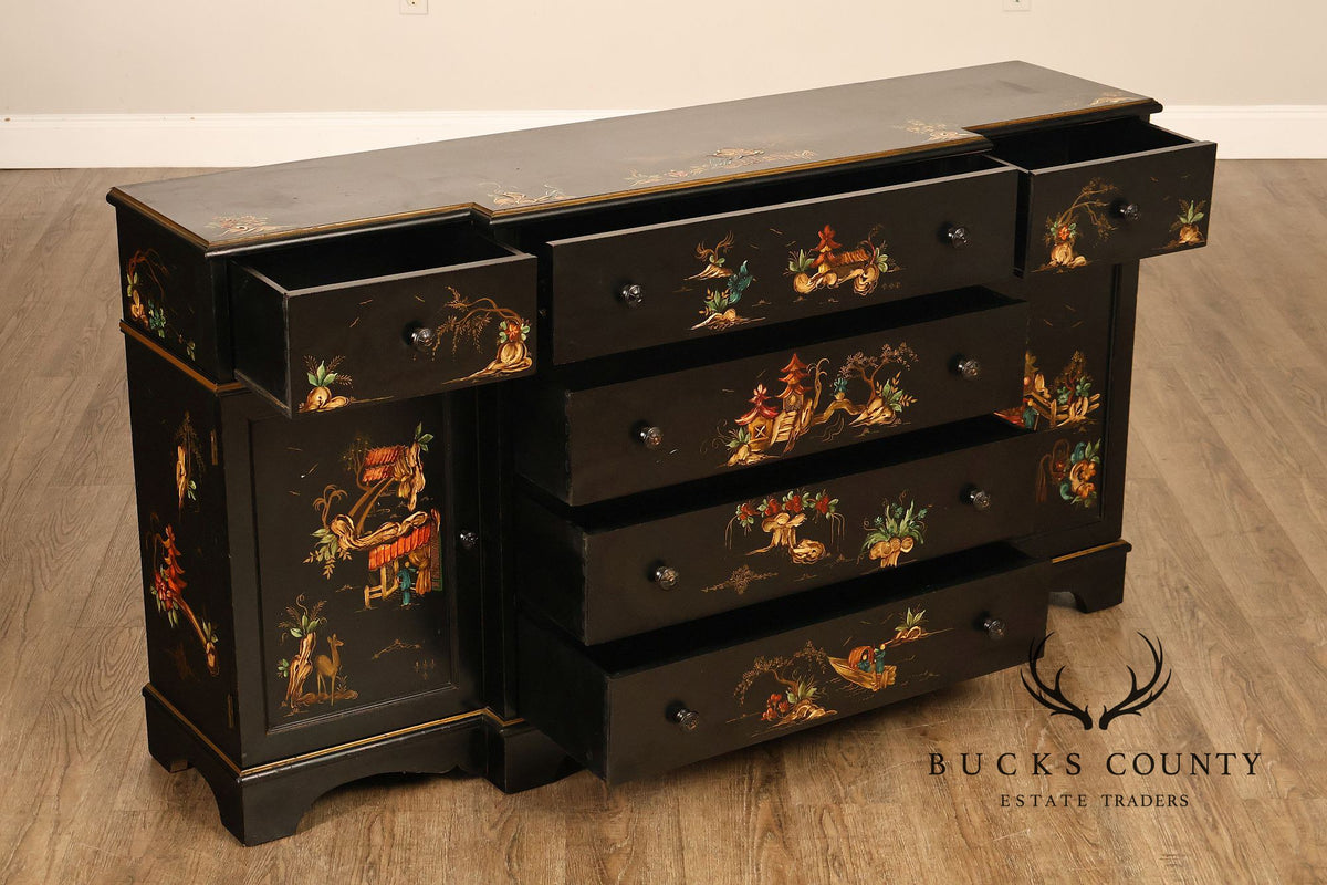 Chinoiserie Style Black Lacquer Hand Painted Sideboard With Hidden Secretary Desk