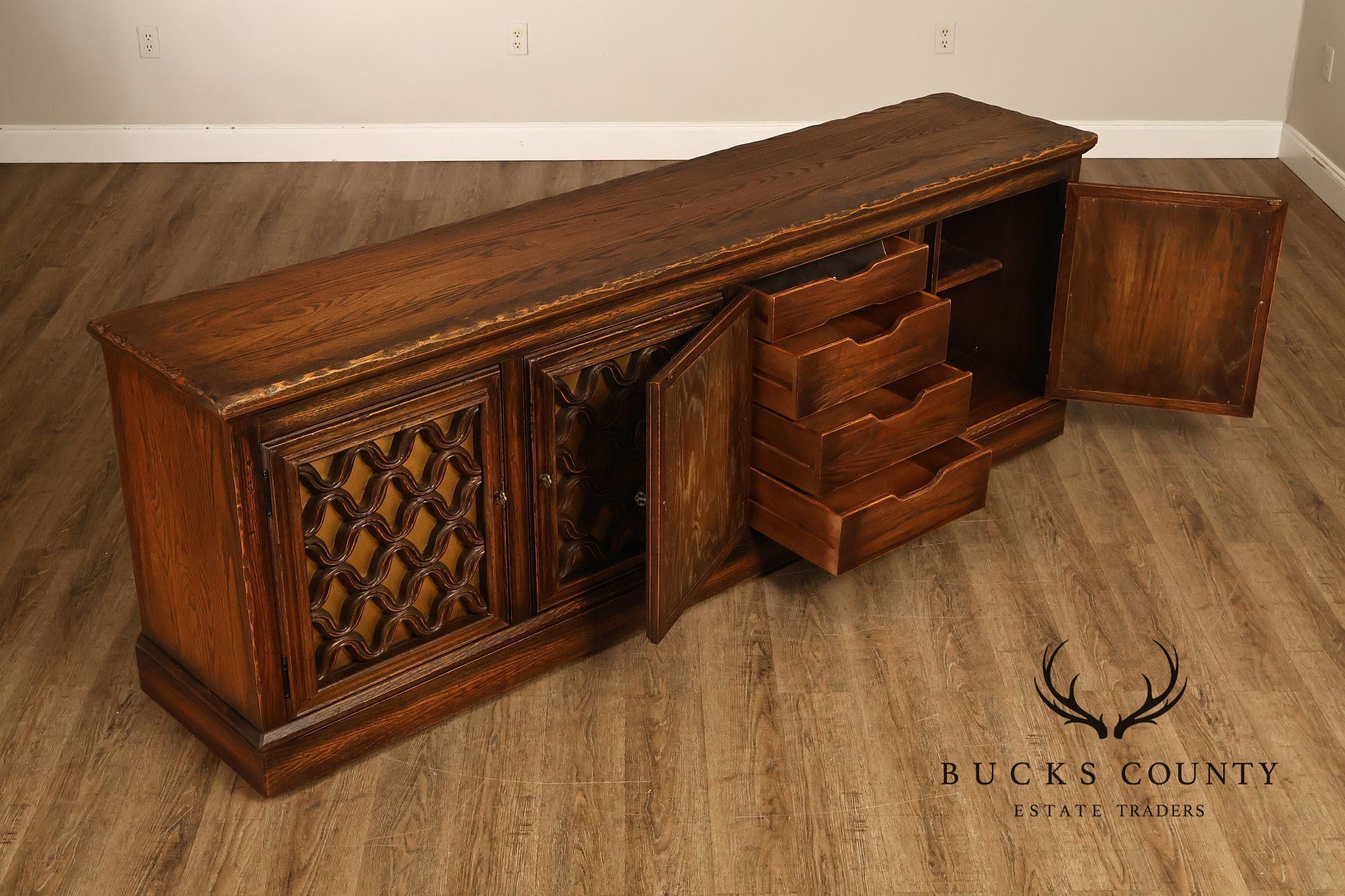 Jamestown Lounge Co. Colonnade Collection Vintage Sculpted Oak Long Credenza