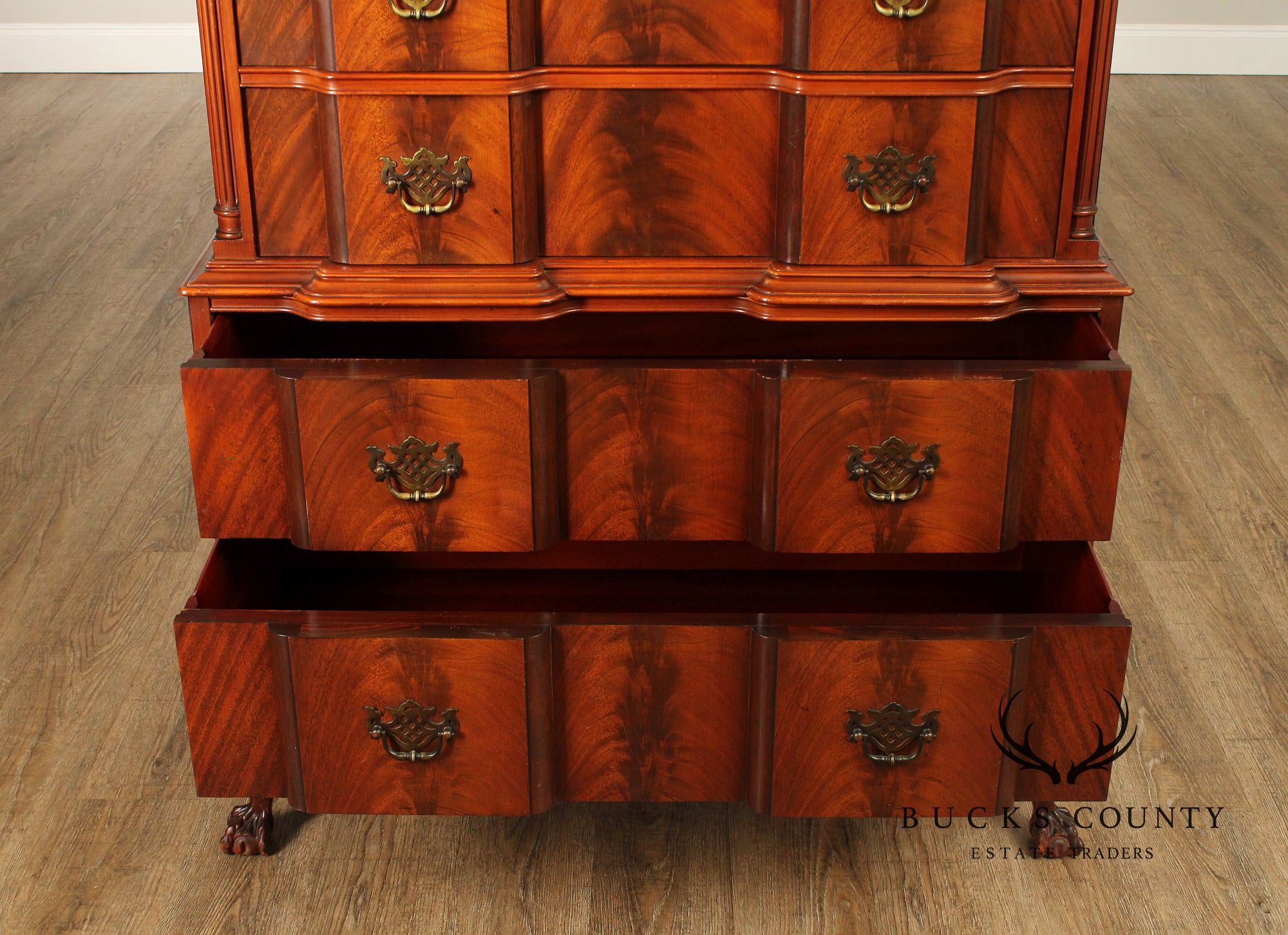 1940's Chippendale Style Shell Carved Flame Mahogany Blockfront Tall Chest