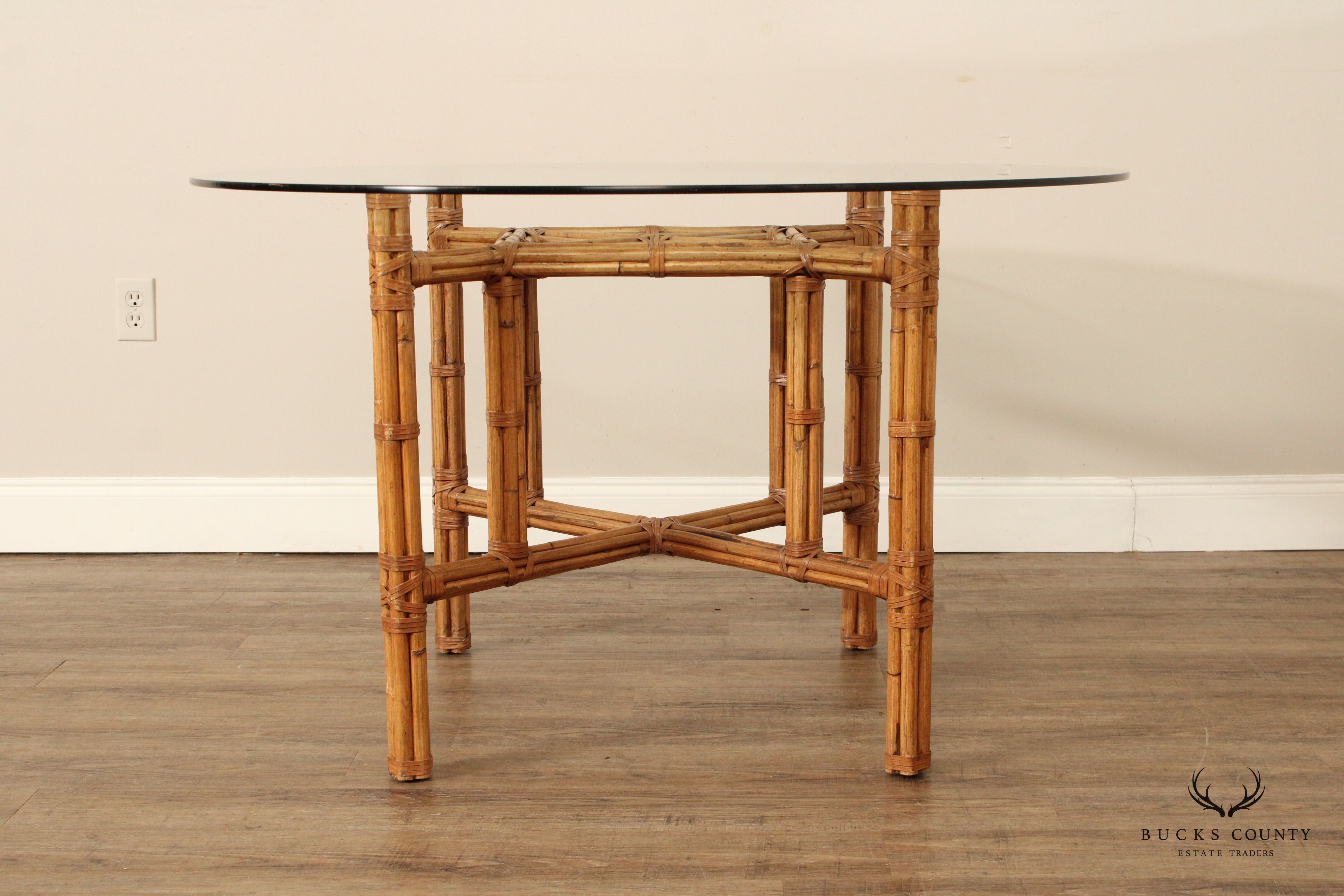 Hollywood Regency Vintage Round Glass Top Rattan Dining Table