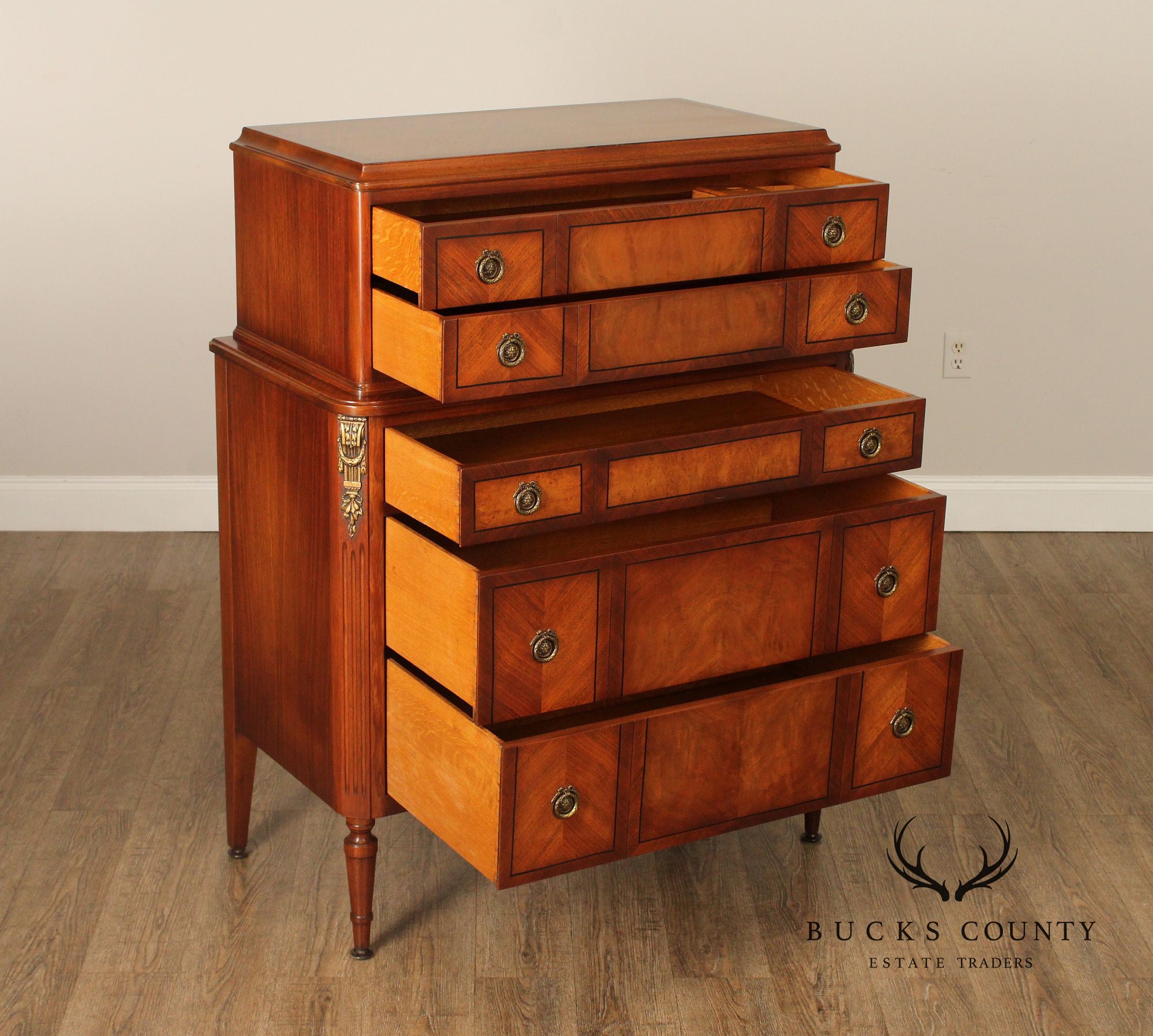 Tobey Furniture Co. French Louis XVI Style Burl 1930's Walnut Chest on Chest