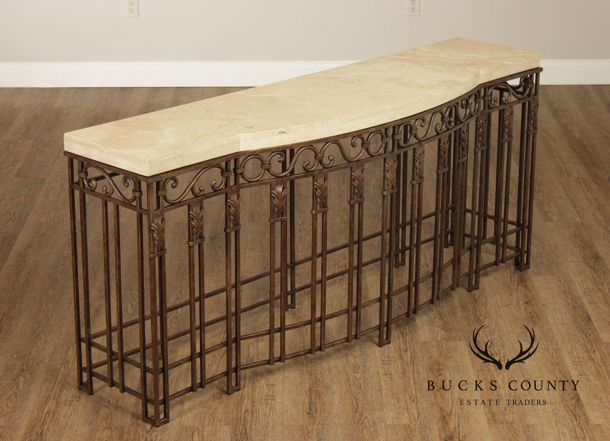 Wrought Iron Travertine Top Long Console Table