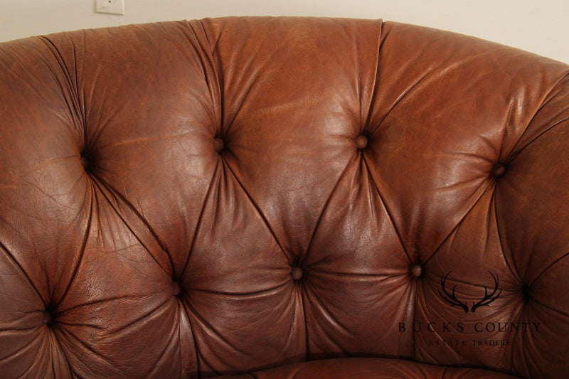 English Traditional Tufted Leather Curved Chesterfield Sofa