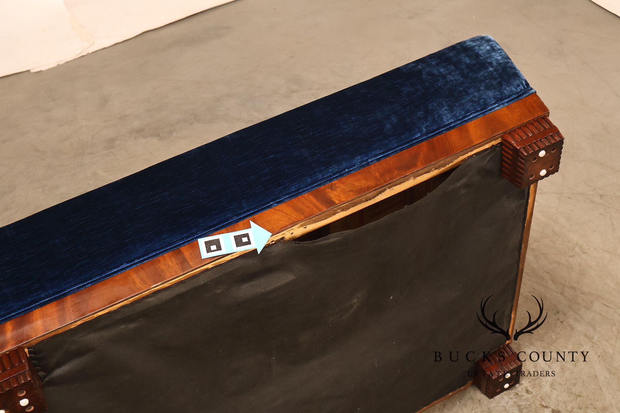 Art Deco Style Large Custom Blue Velvet and Mahogany Ottoman