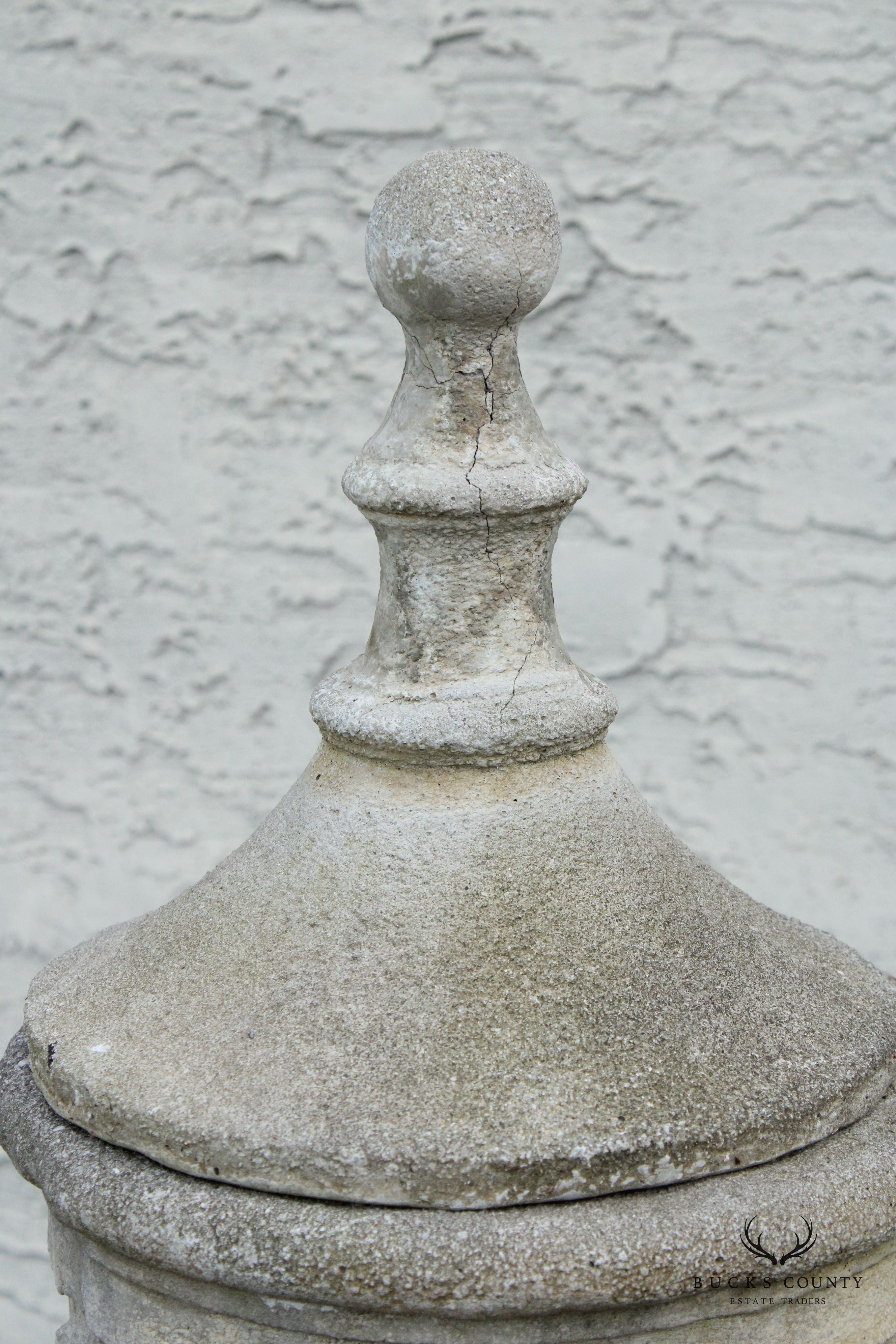 Pair Of Neoclassical Style Cast Stone Garden Urns On Pedestals