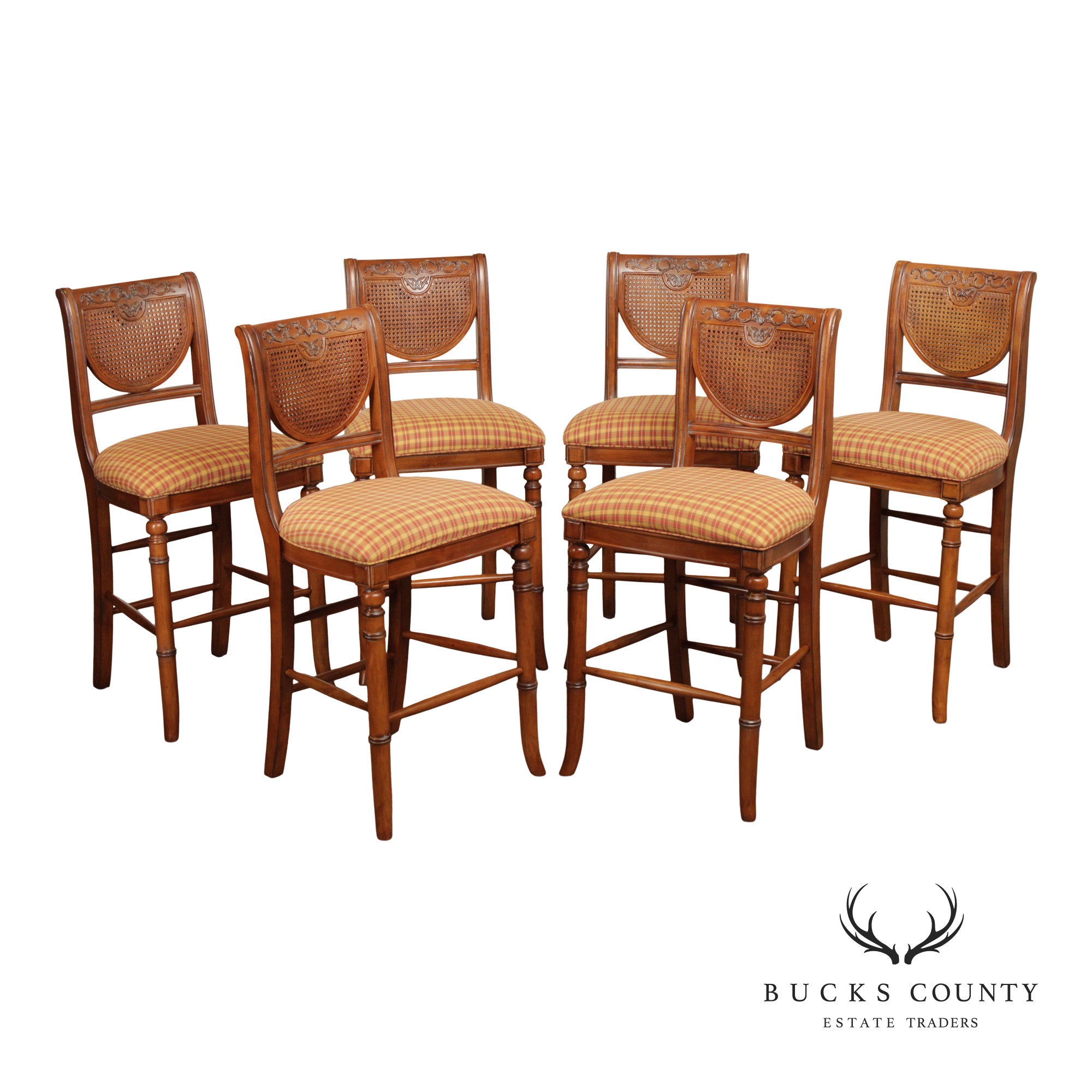 French Country Style Set of Six Cane Back Bar Stools