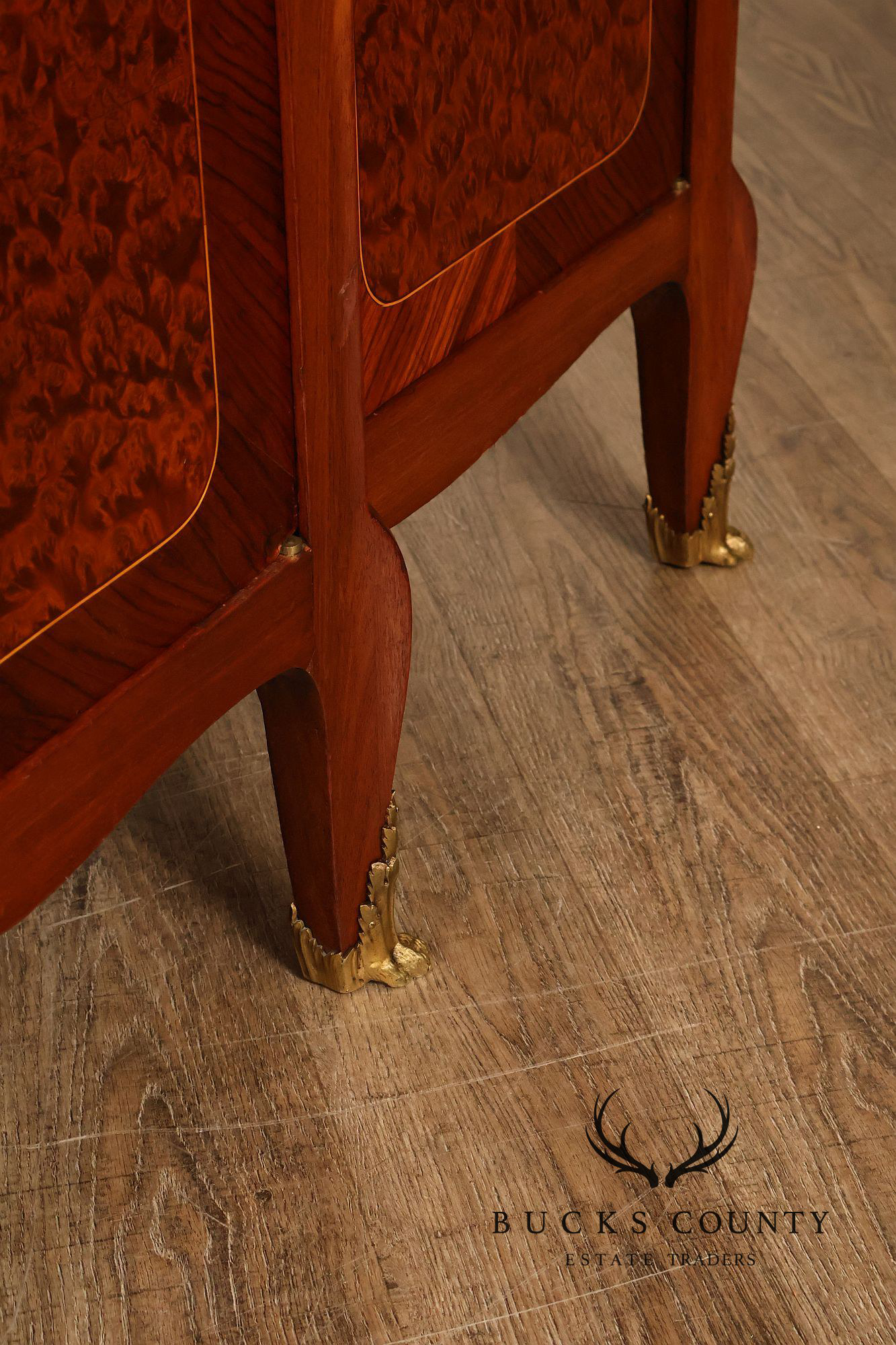 French Louis XV Style Burl Wood Three Door Bookcase Display Cabinet