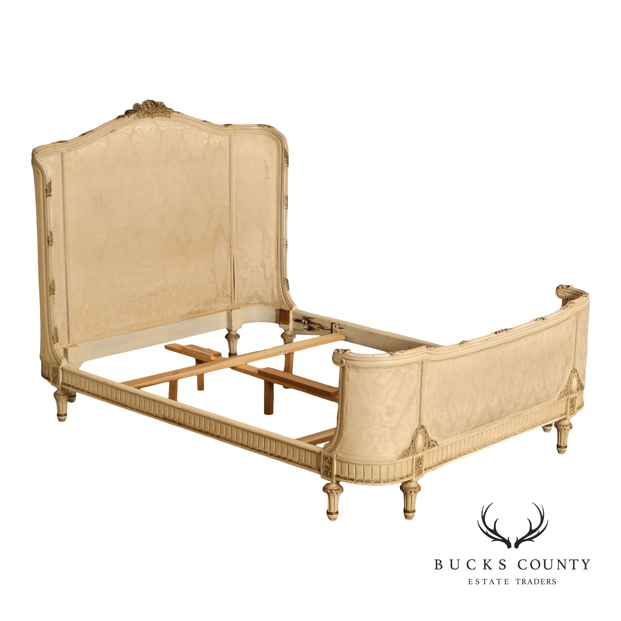 Antique French Louis XVI Style Painted & Upholstered Full Size Bed Frame