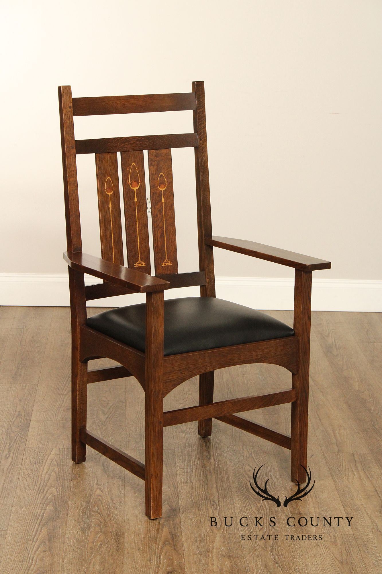 Stickley Mission Collection Set of Four Harvey Ellis Inlaid Oak Dining Chairs