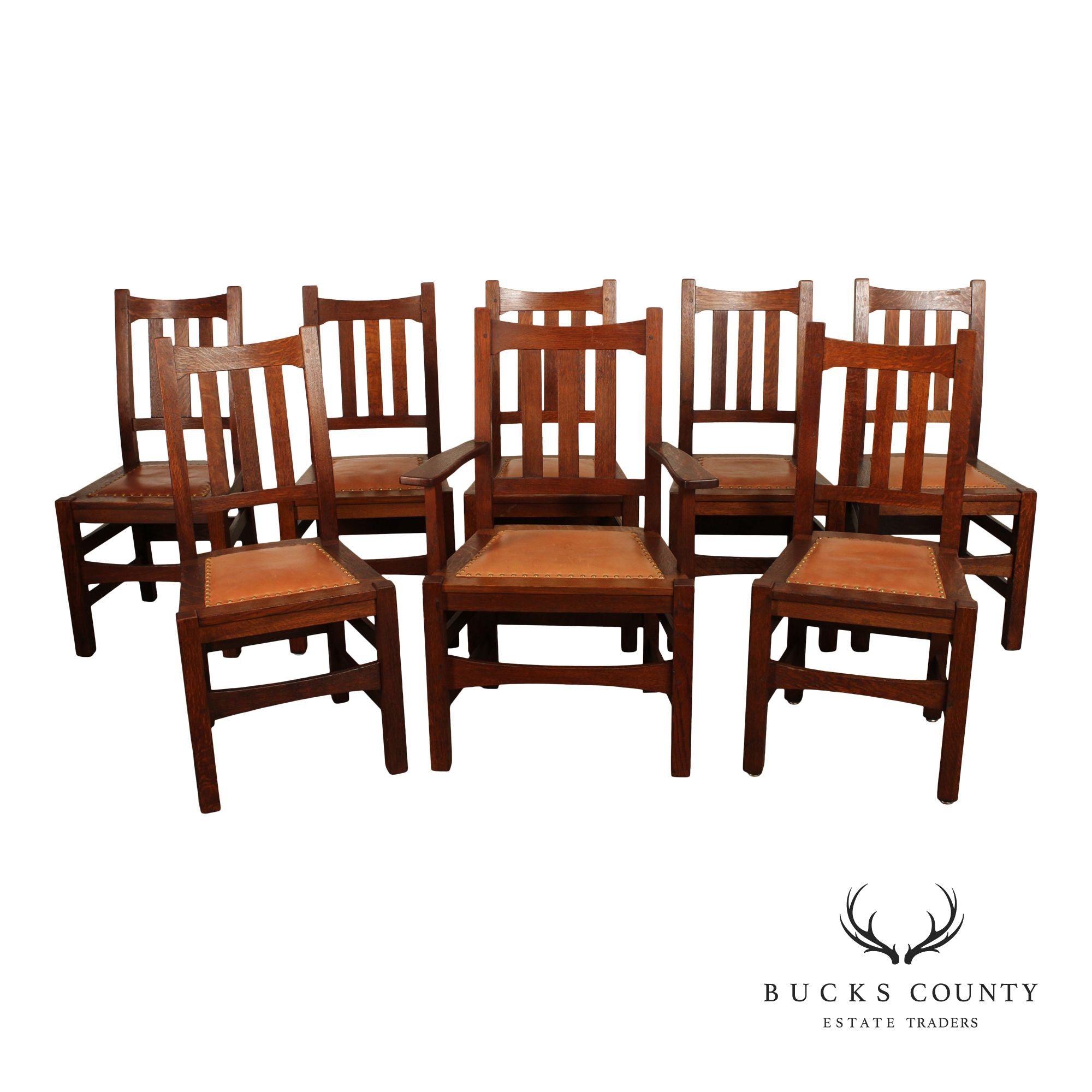 Stickley Brothers Set of Eight Mission Oak and Leather Dining Chairs