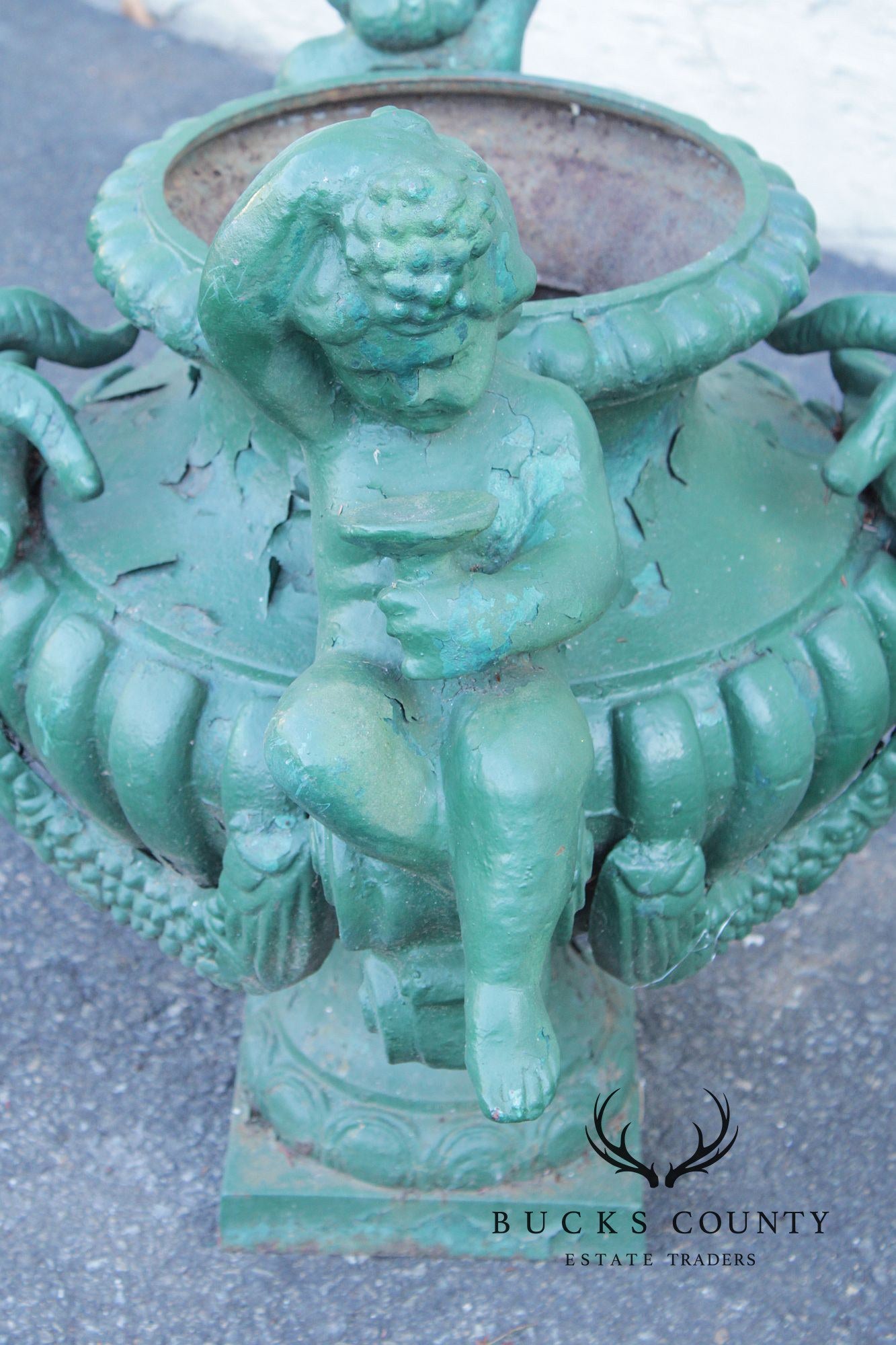 Antique Cast Iron Pair Of Cherub Garden Urn Planters
