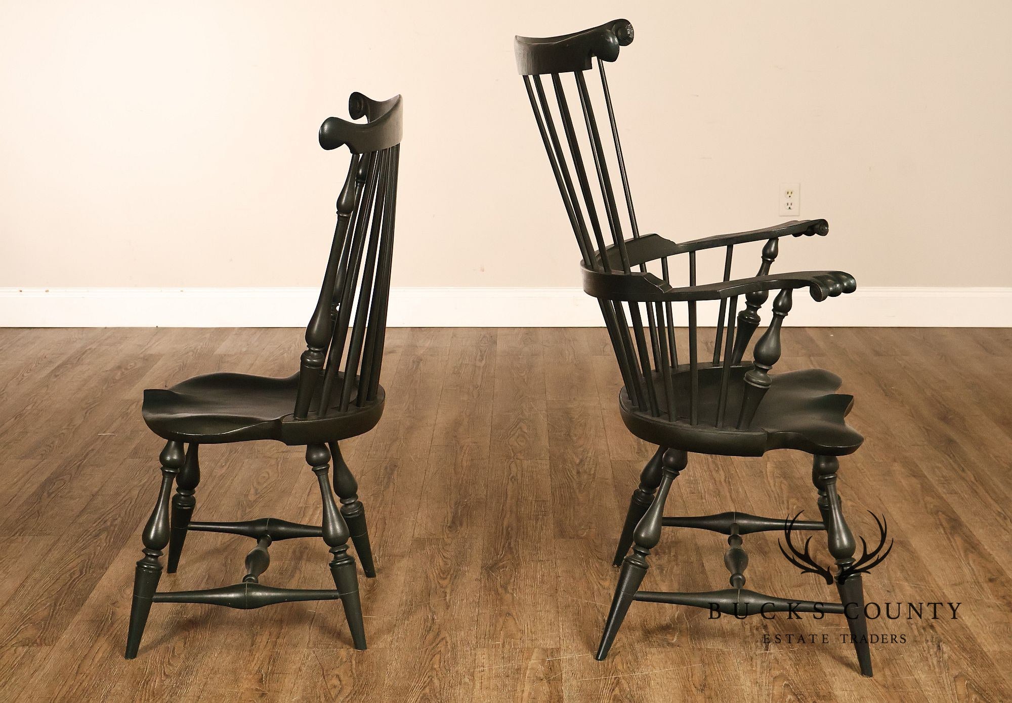 River Bend Chair Co. Set Of Eight Dark Green Painted Comb Back Windsor Dining Chairs