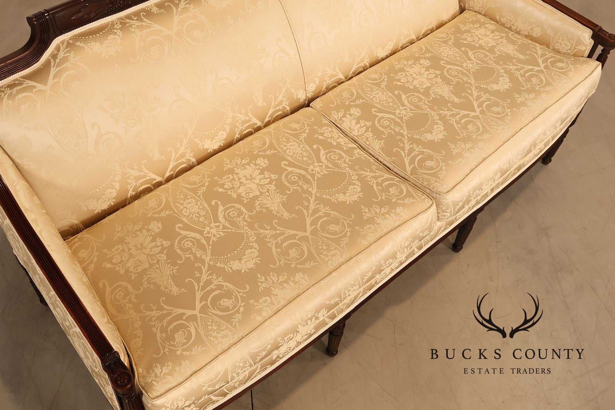 Federal Sheraton Style Upholstered Sofa With Carved Wood Frame