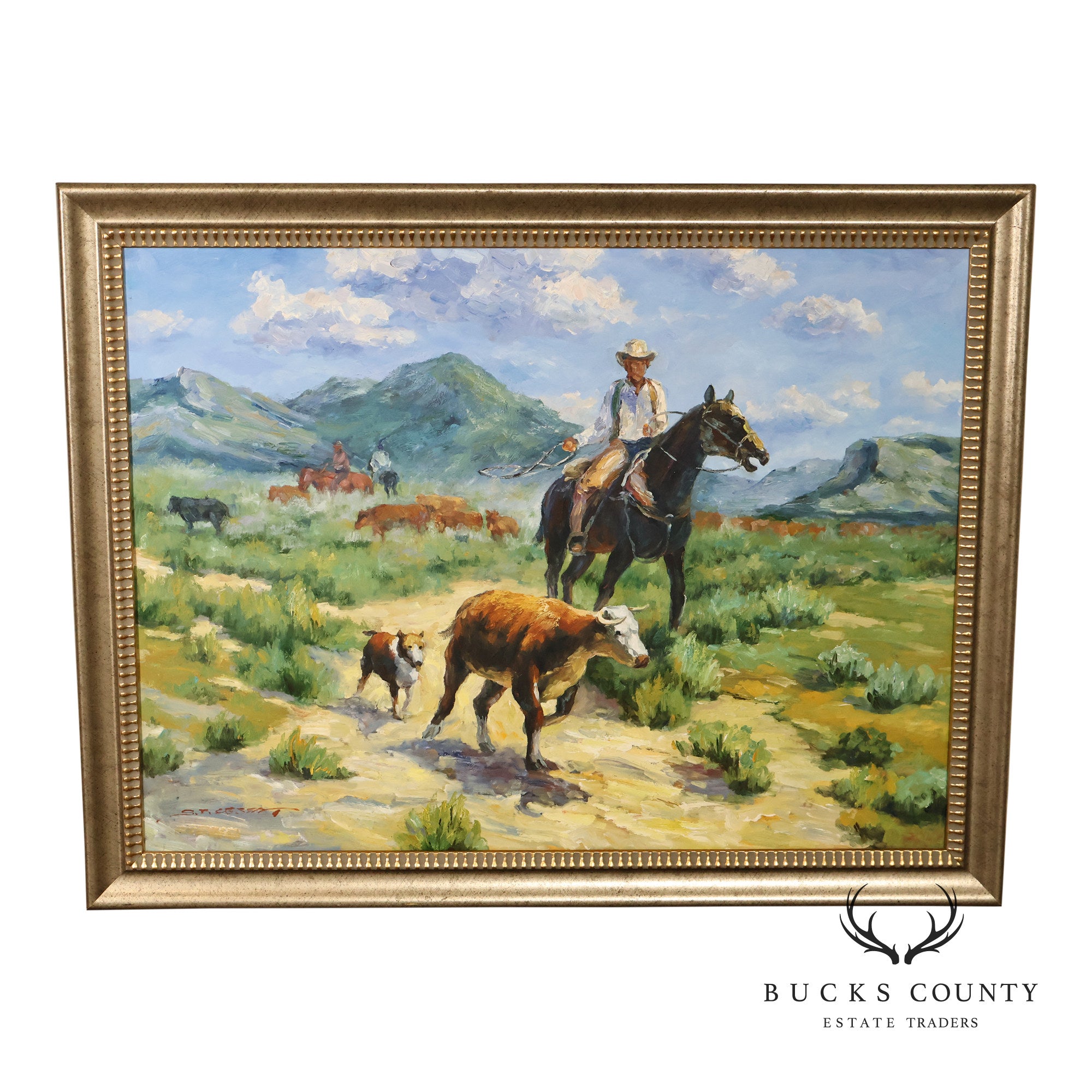 Western Cowboy on Horse Oil Painting on Canvas 55" x 43" Signed 'S. T. Cesent' in Gold Gilt Frame