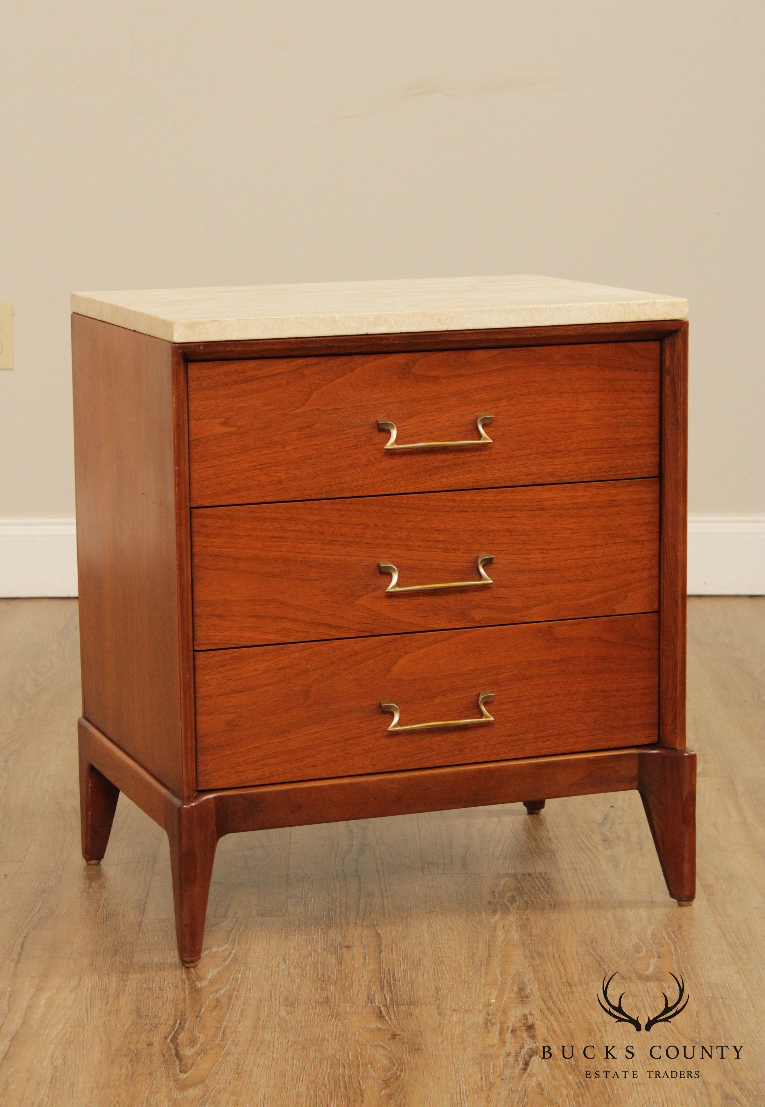 Mid Century Modern Pair Walnut Travertine Top 3 Drawer Nightstands