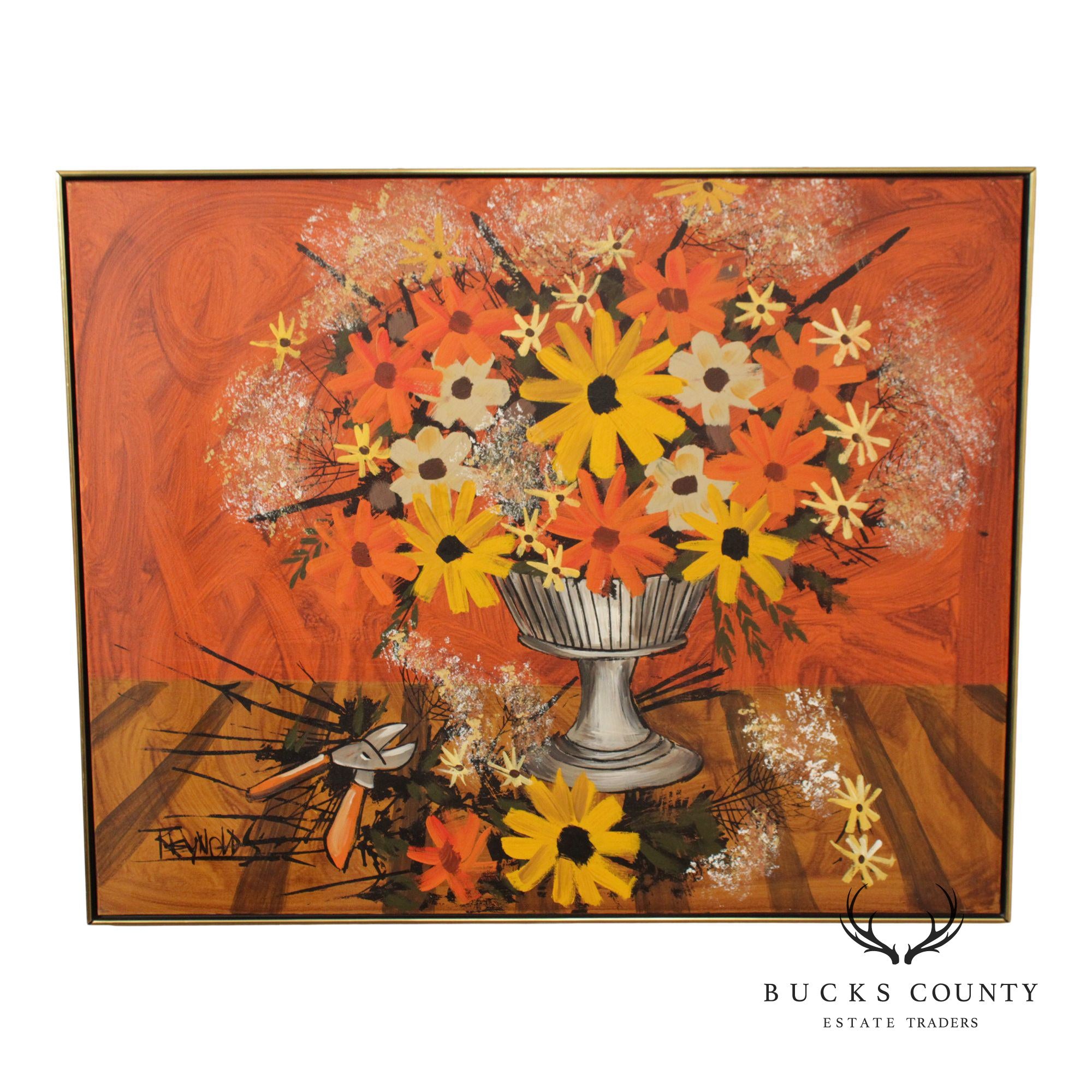 Lee Reynolds Mid Century Large Framed Modern Oil Painting, Flower Vase