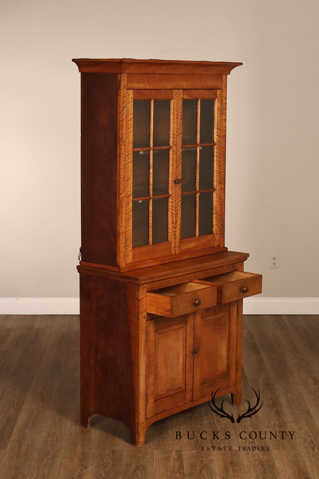 Bench Made Tiger Maple And Cherry Two Piece Stepback Hutch Cabinet