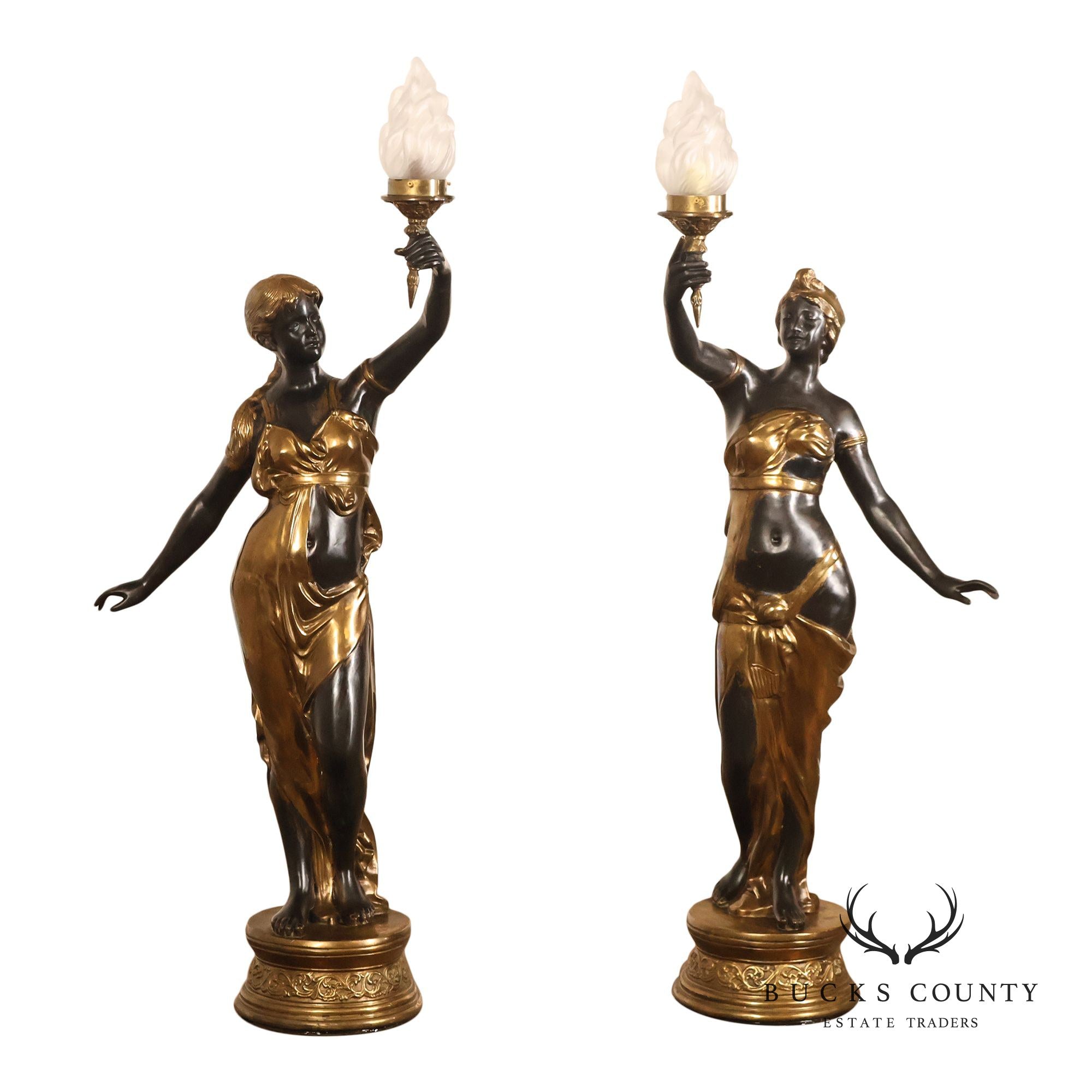 Neoclassical Style Pair Of Bronze Figural Torchere Floor Lamps