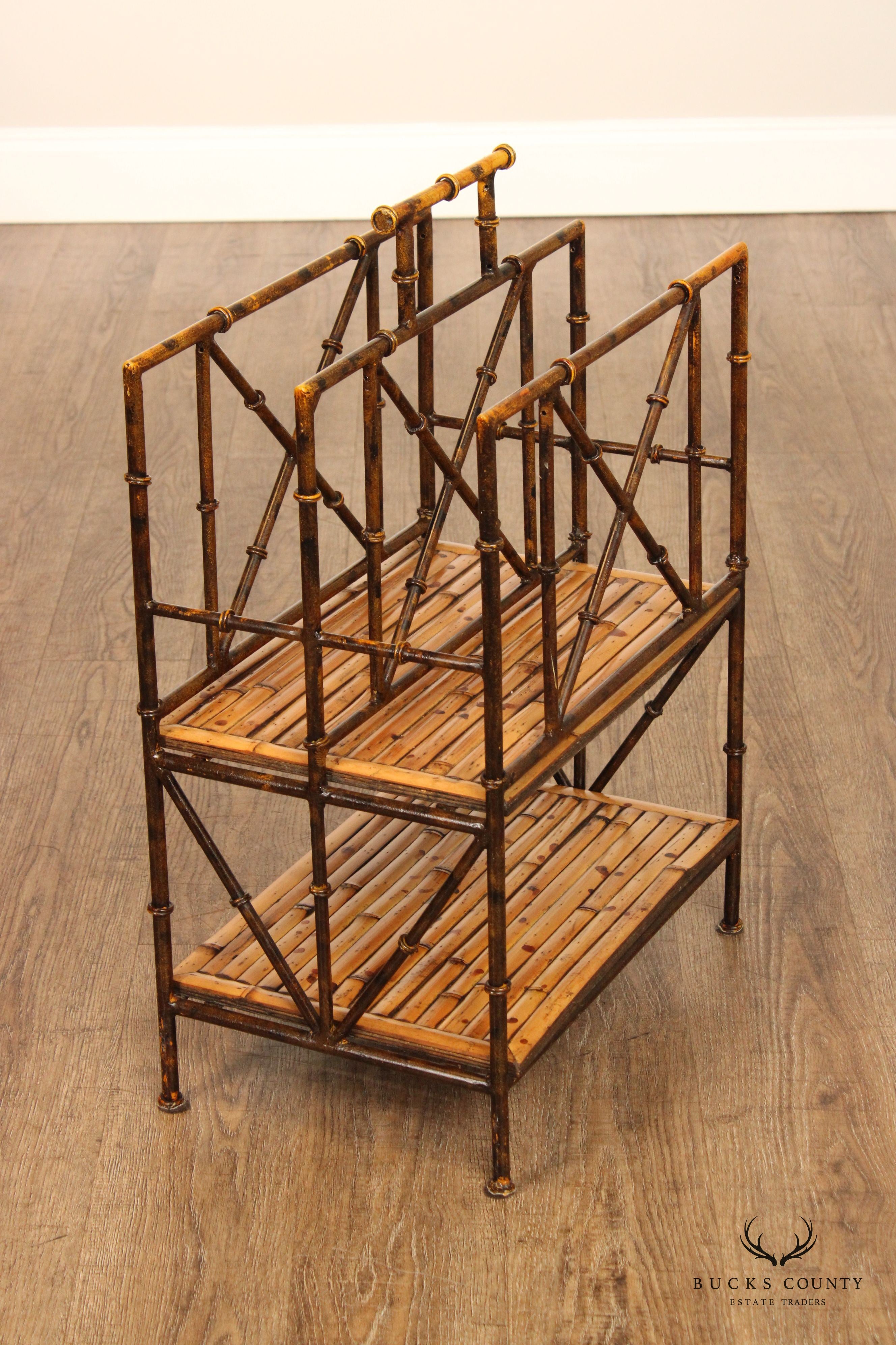 Hollywood Regency Iron and Bamboo Magazine Rack Bookshelf