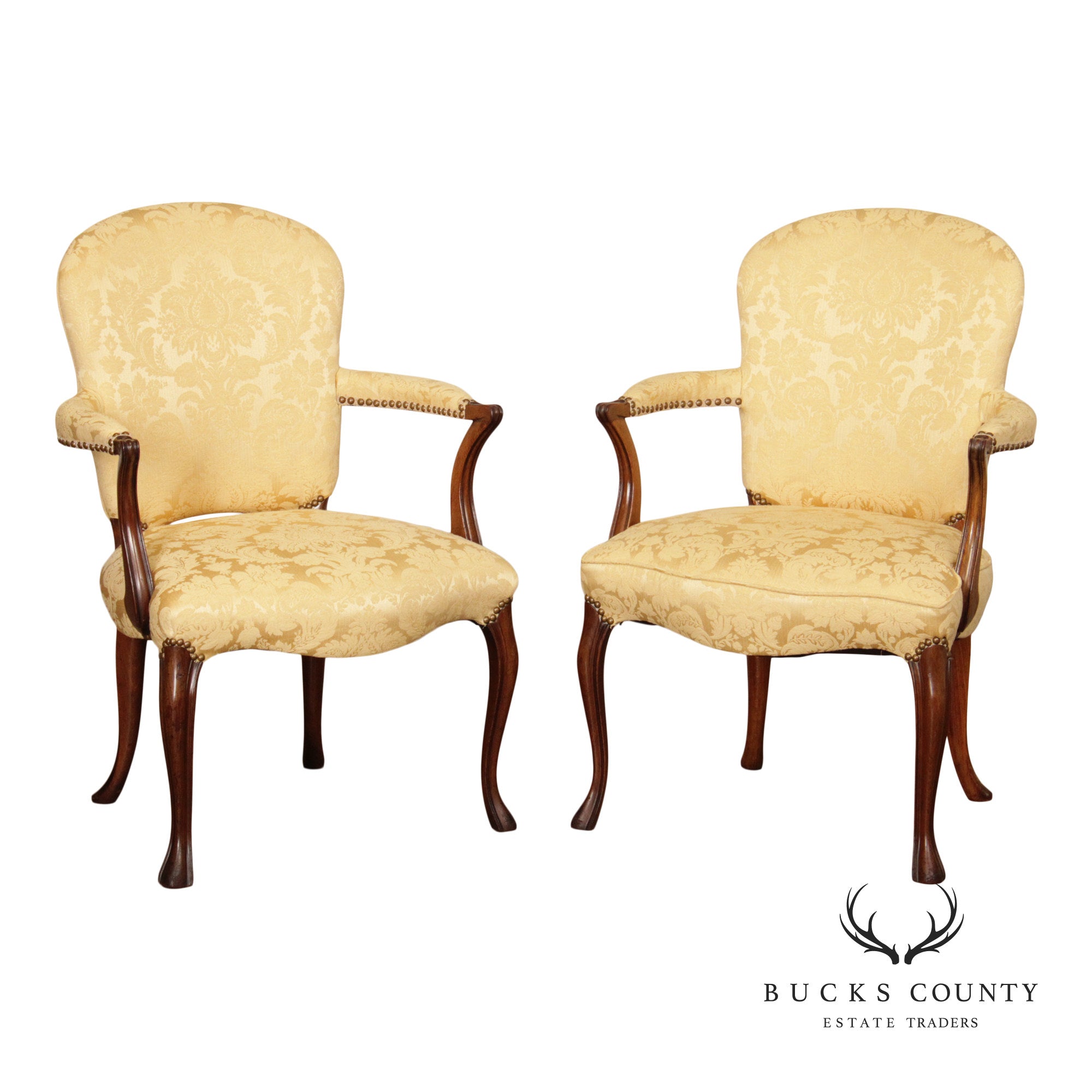 Queen Anne Style Vintage Pair of Mahogany Upholstered Armchairs