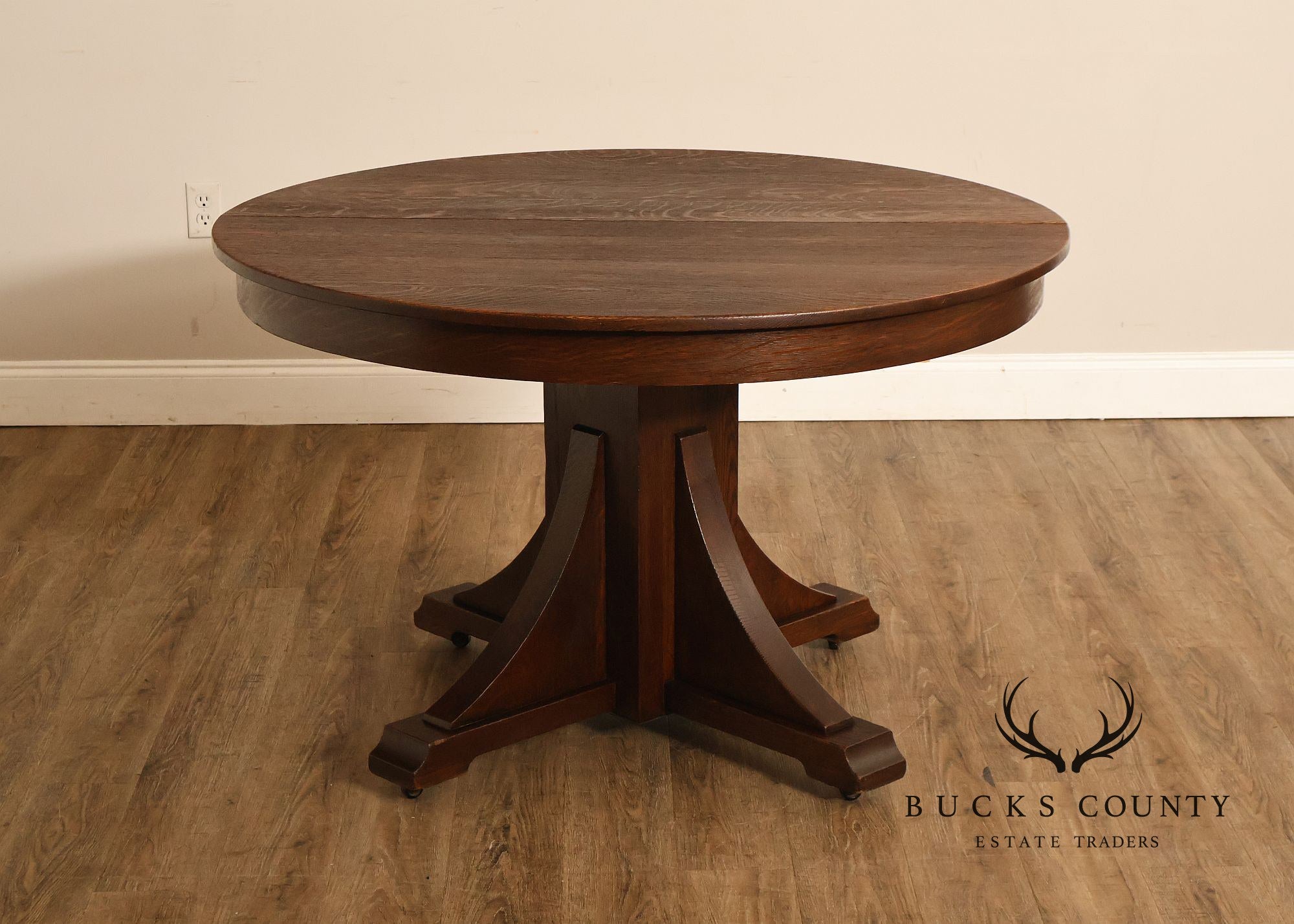 Antique Stickley Brothers 48" Round Oak Dining Table w/2 leaves