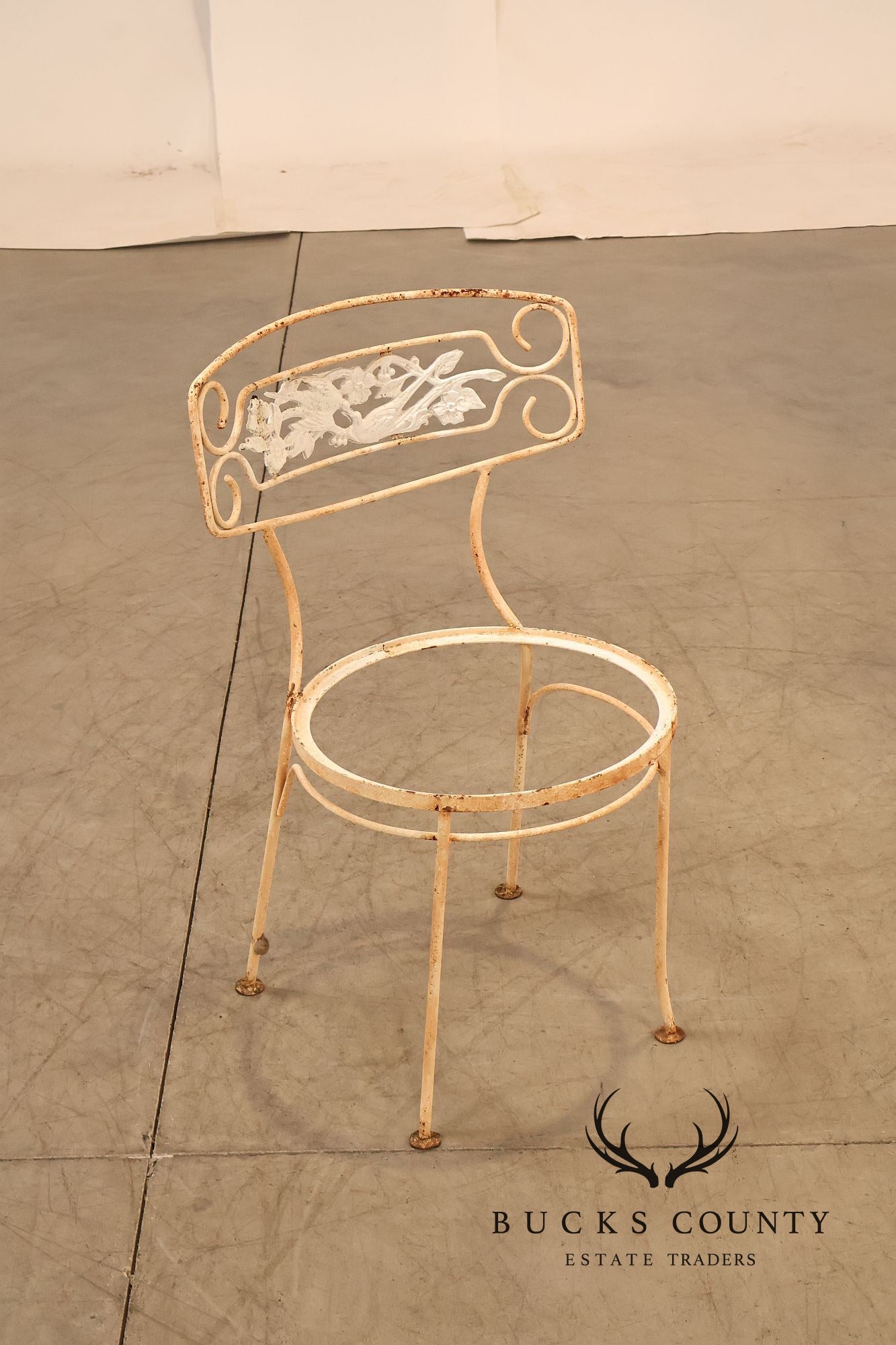 Painted Wrought Iron Set Of Three Garden Chairs With Decorative Backs