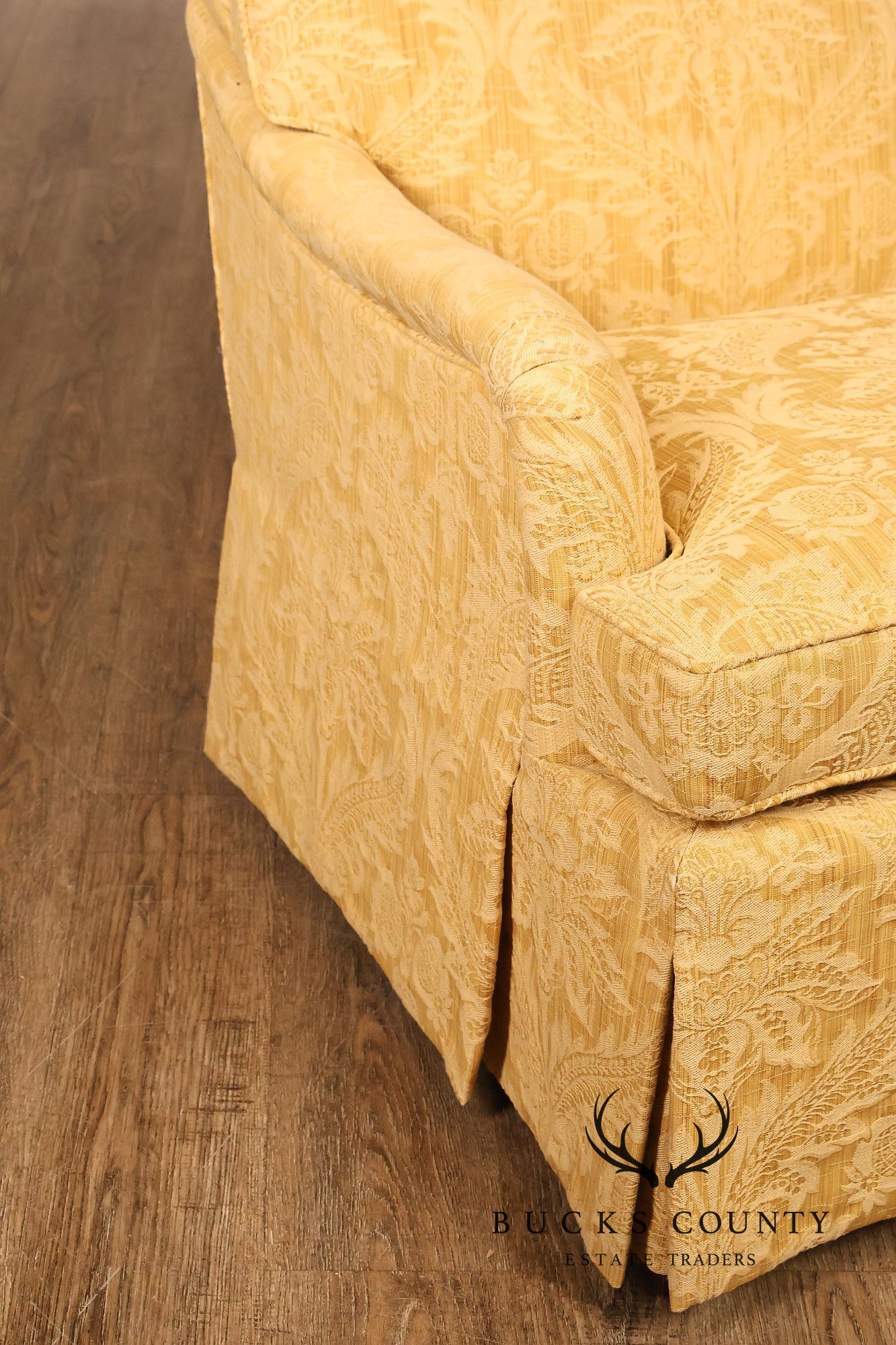 Custom Pair Of Skirted Damask Upholstered Lounge Chairs