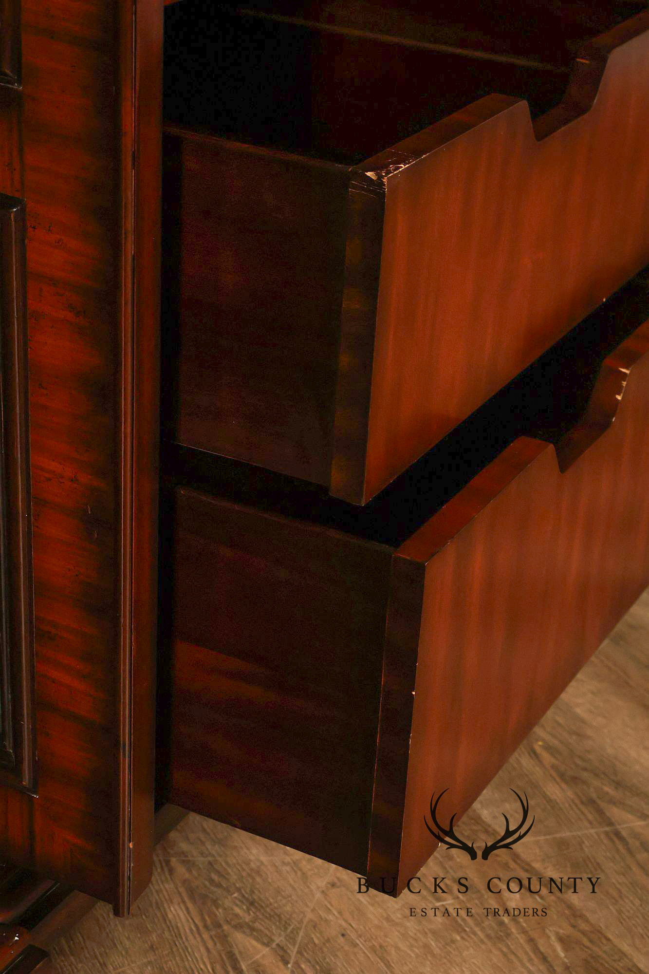 Maitland-Smith Large Mahogany Armoire Cabinet With Bronze Scrollwork Finials And Raised Panel Doors