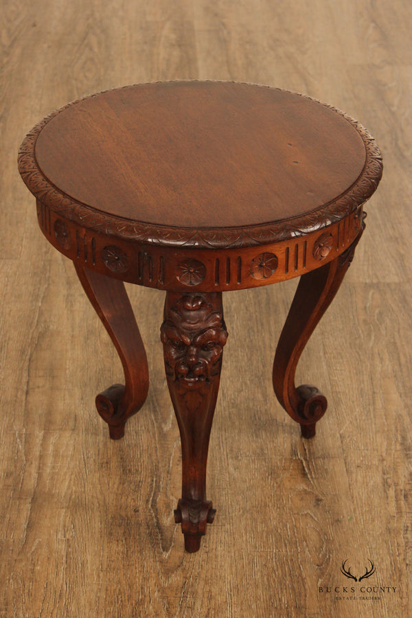 Antique Renaissance Revival Mahogany Lion Carved Round Taboret Side Drinks Table