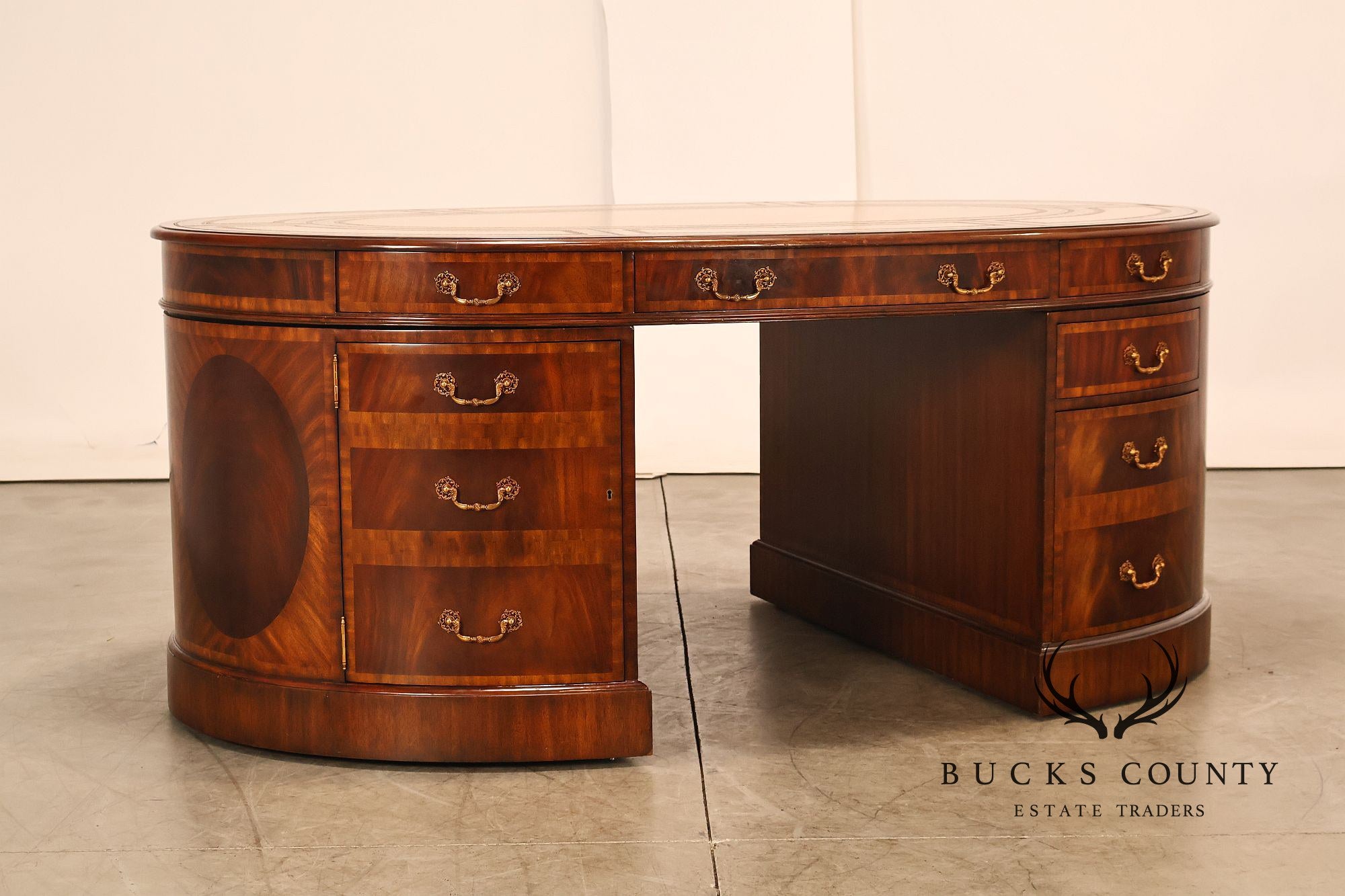Maitland Smith Oval Mahogany Leather Top Executive Partner's Desk