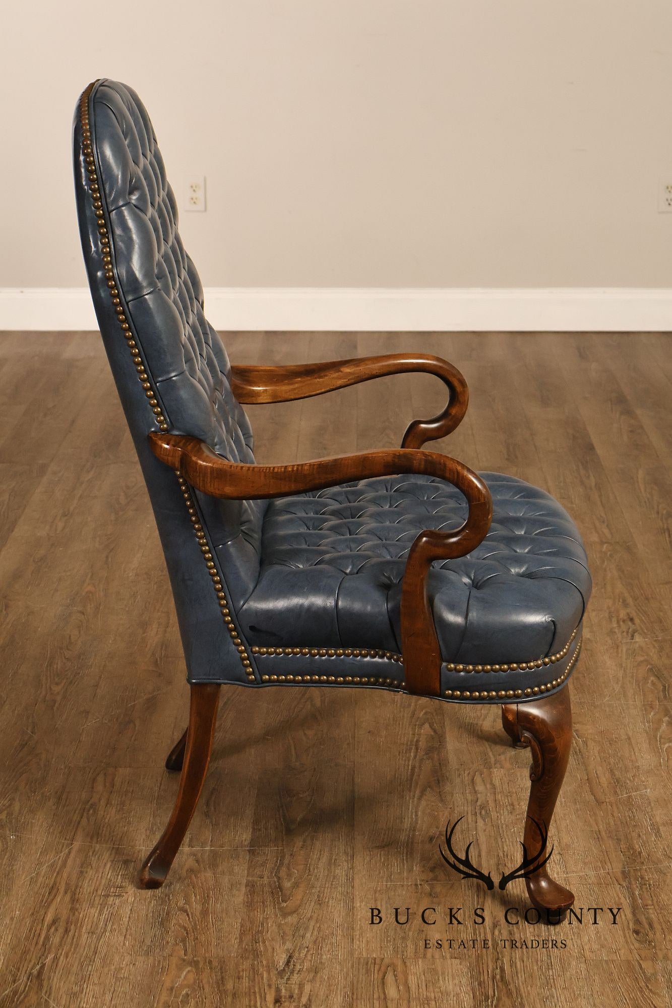 Ethan Allen Queen Anne Style Pair of Tufted Leather Library Armchairs