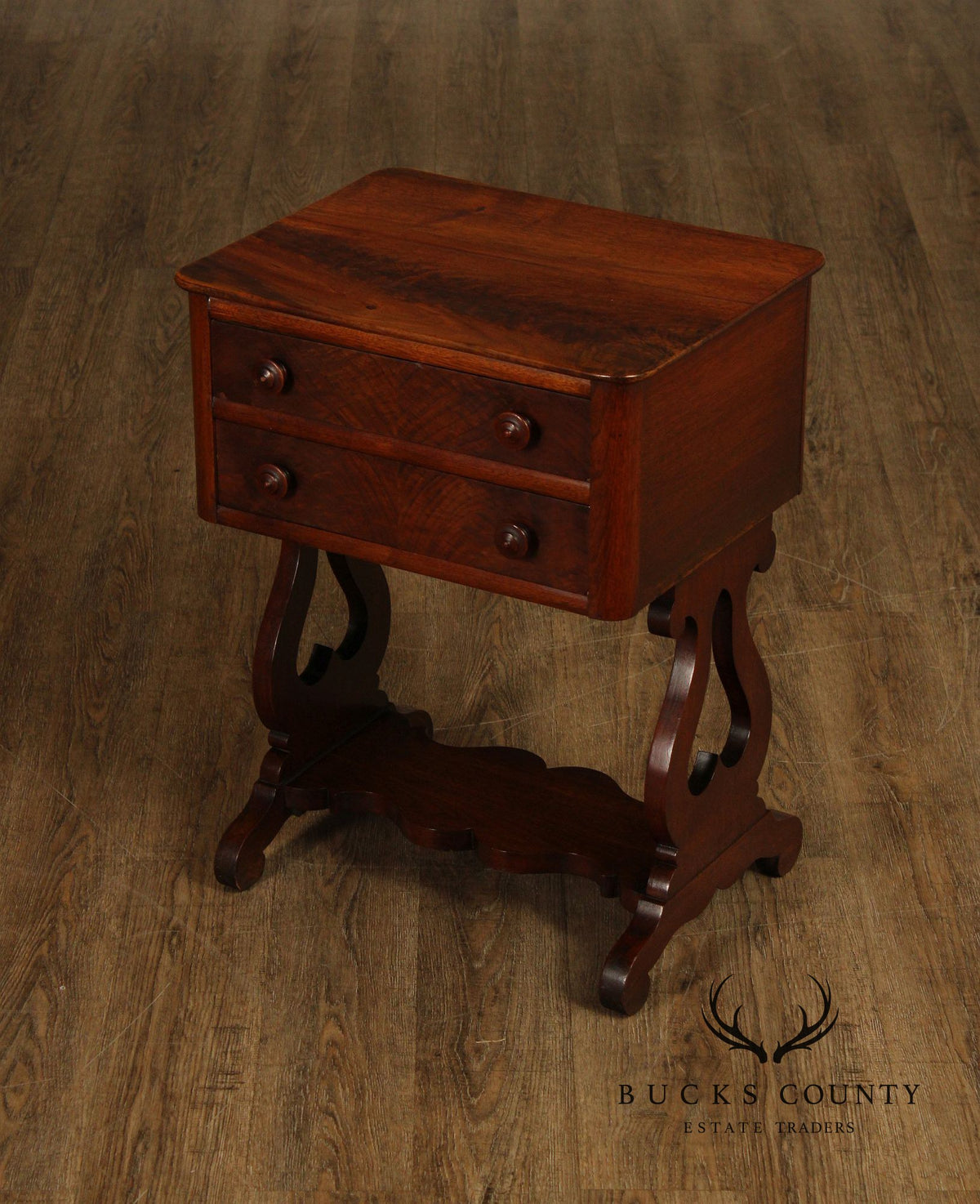 Antique American Empire Mahogany Lyre Form Two-Drawer Work Table
