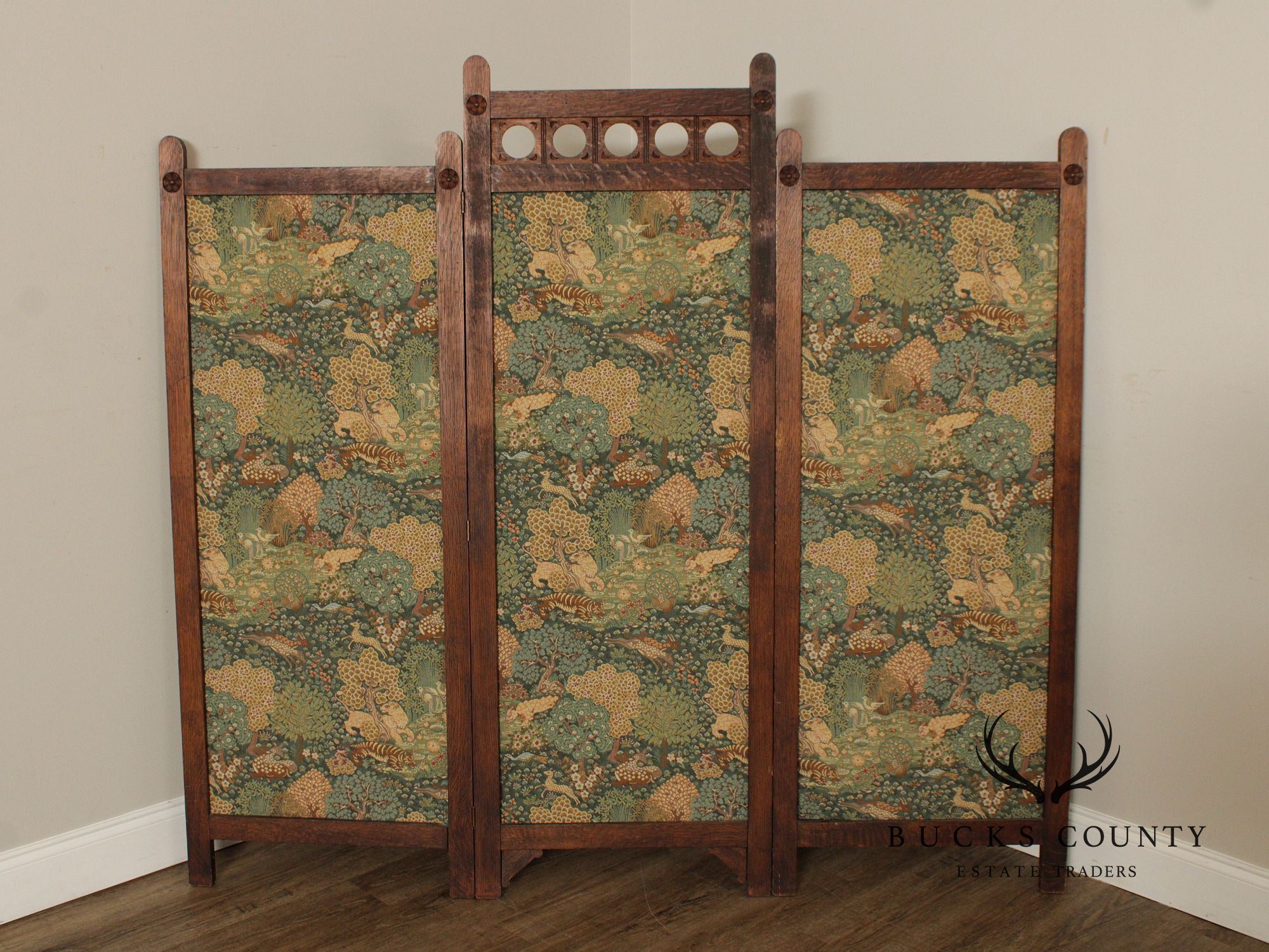 Antique Arts and Crafts Oak Three-Panel Screen