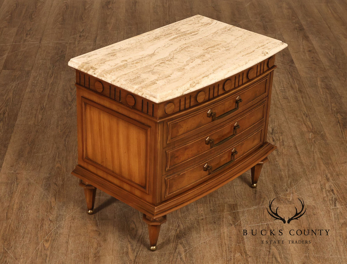 Pair Of Neoclassical Style Marble Top Three Drawer Nightstands