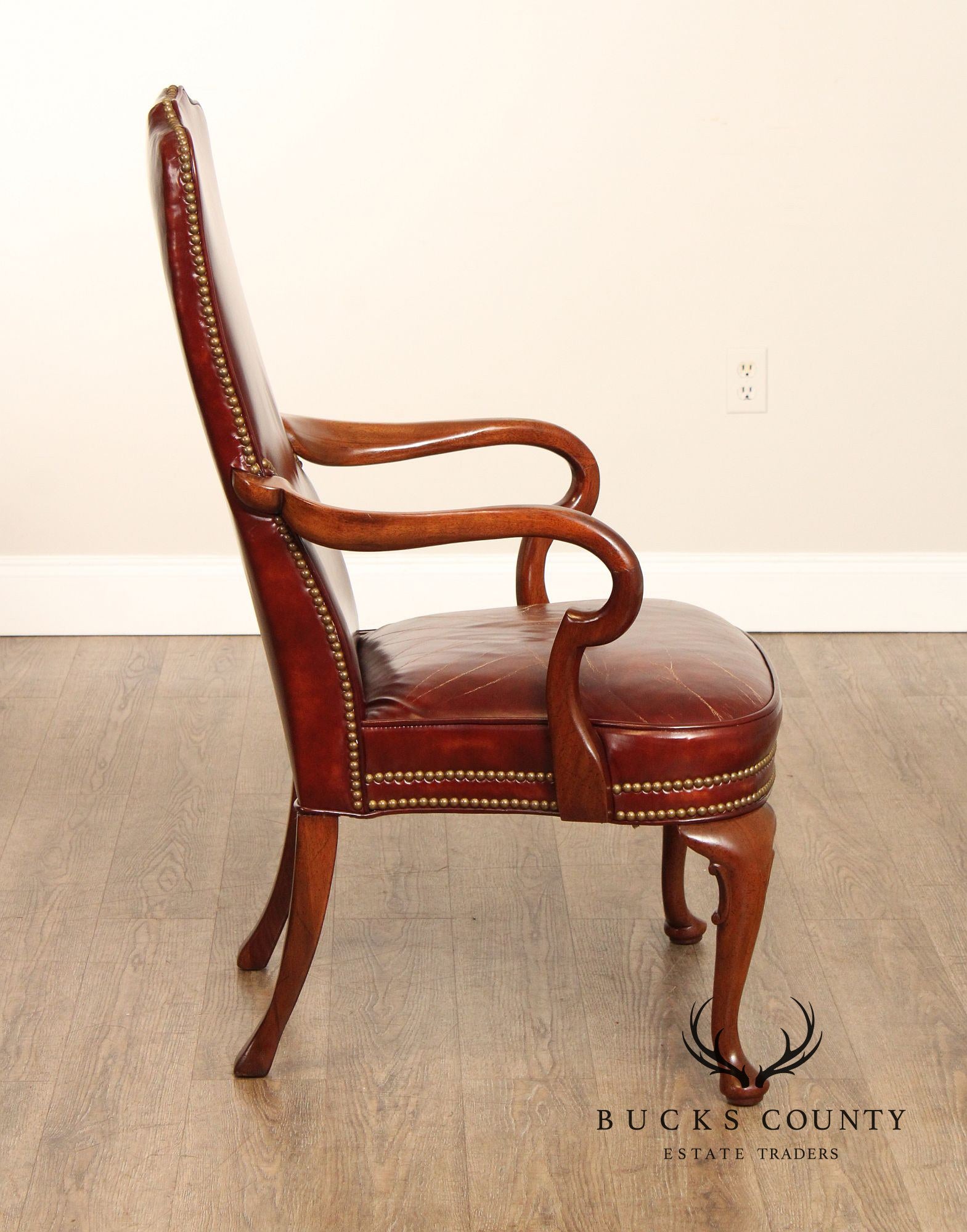 Hickory Chair Queen Anne Style Mahogany and Vintage Leather Armchair