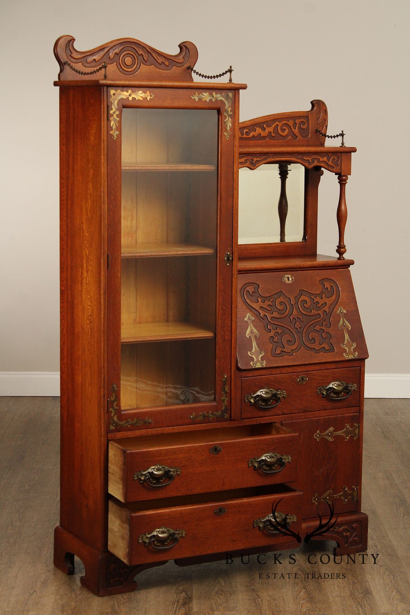 Antique Victorian Carved Oak Side-by-Side Secretary Desk Bookcase