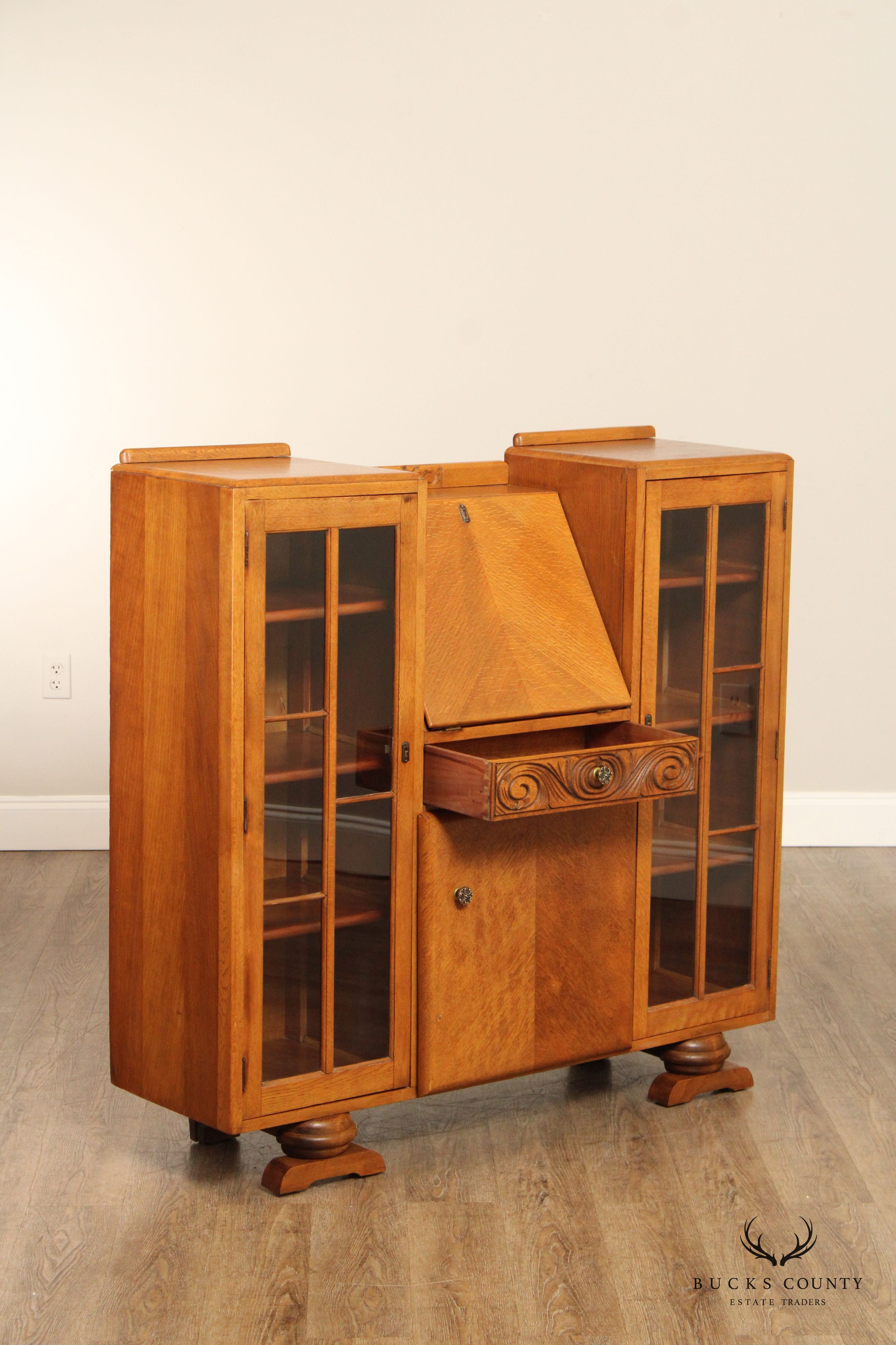 English Art Deco Carved Oak Secretary Bookcase