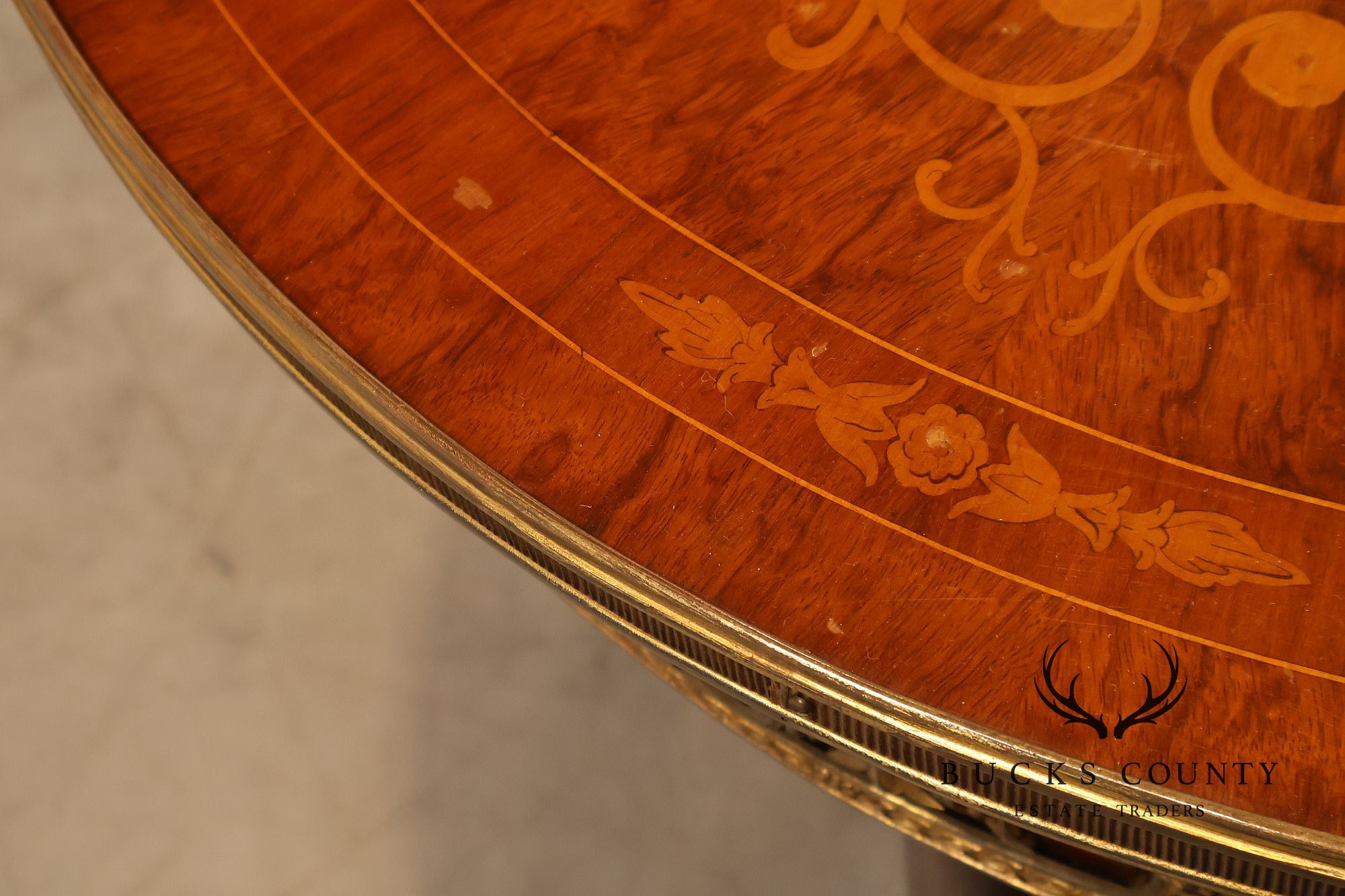 Empire Style Ormolu Mounted Round Marquetry Inlaid Cocktail Table