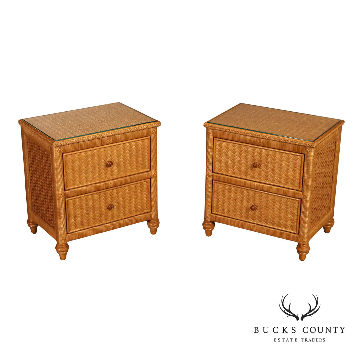 Coastal Style Pair Of Wicker And Cane Two Drawer Nightstands With Glass Tops