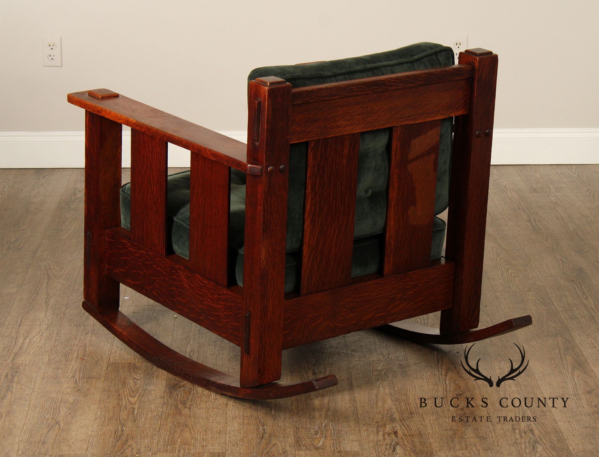 Stickley Brothers Antique Oak Arts & Crafts Rocking Chair With Green Upholstered Cushions