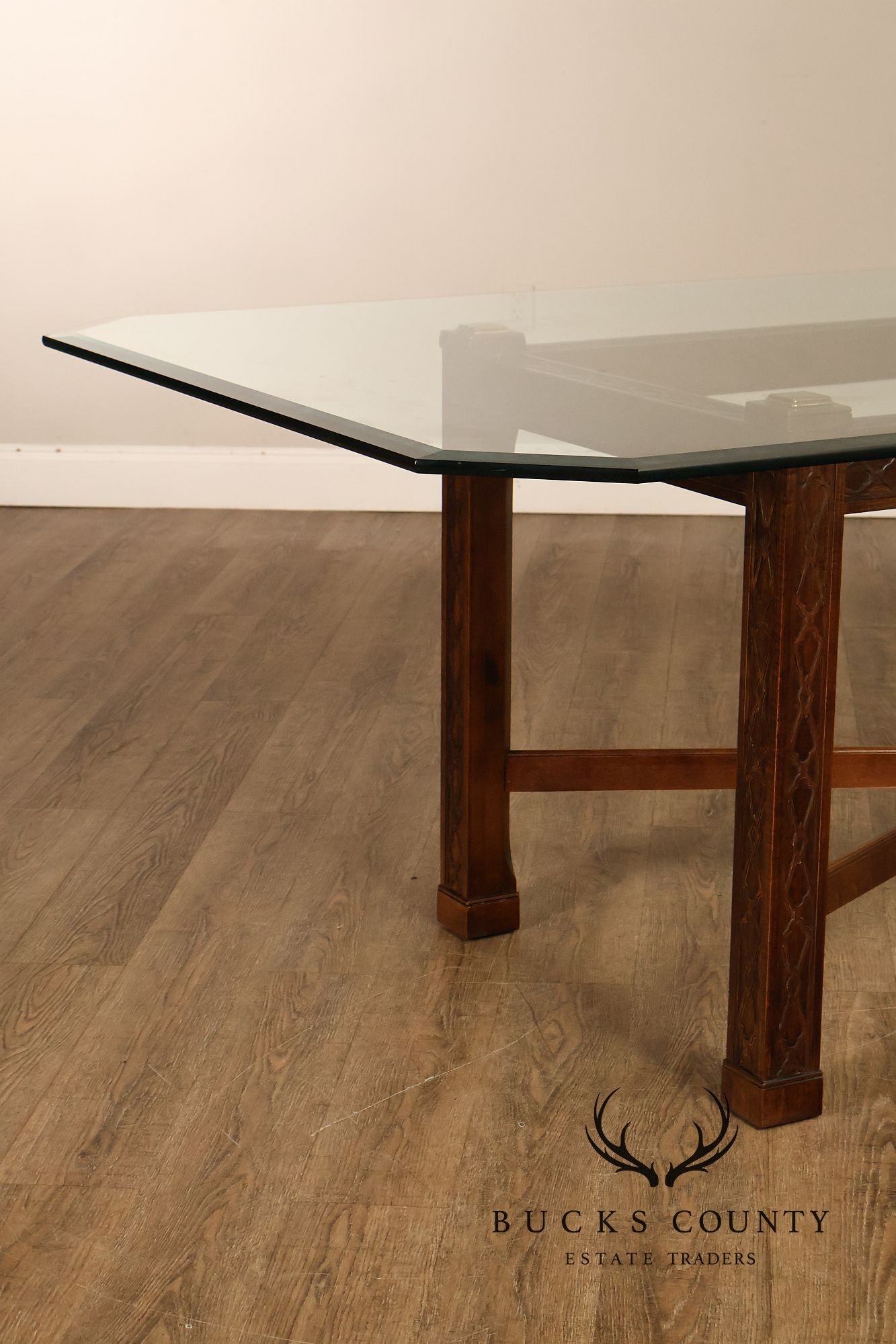 Chinese Chippendale Style Glass Top Mahogany Dining Table