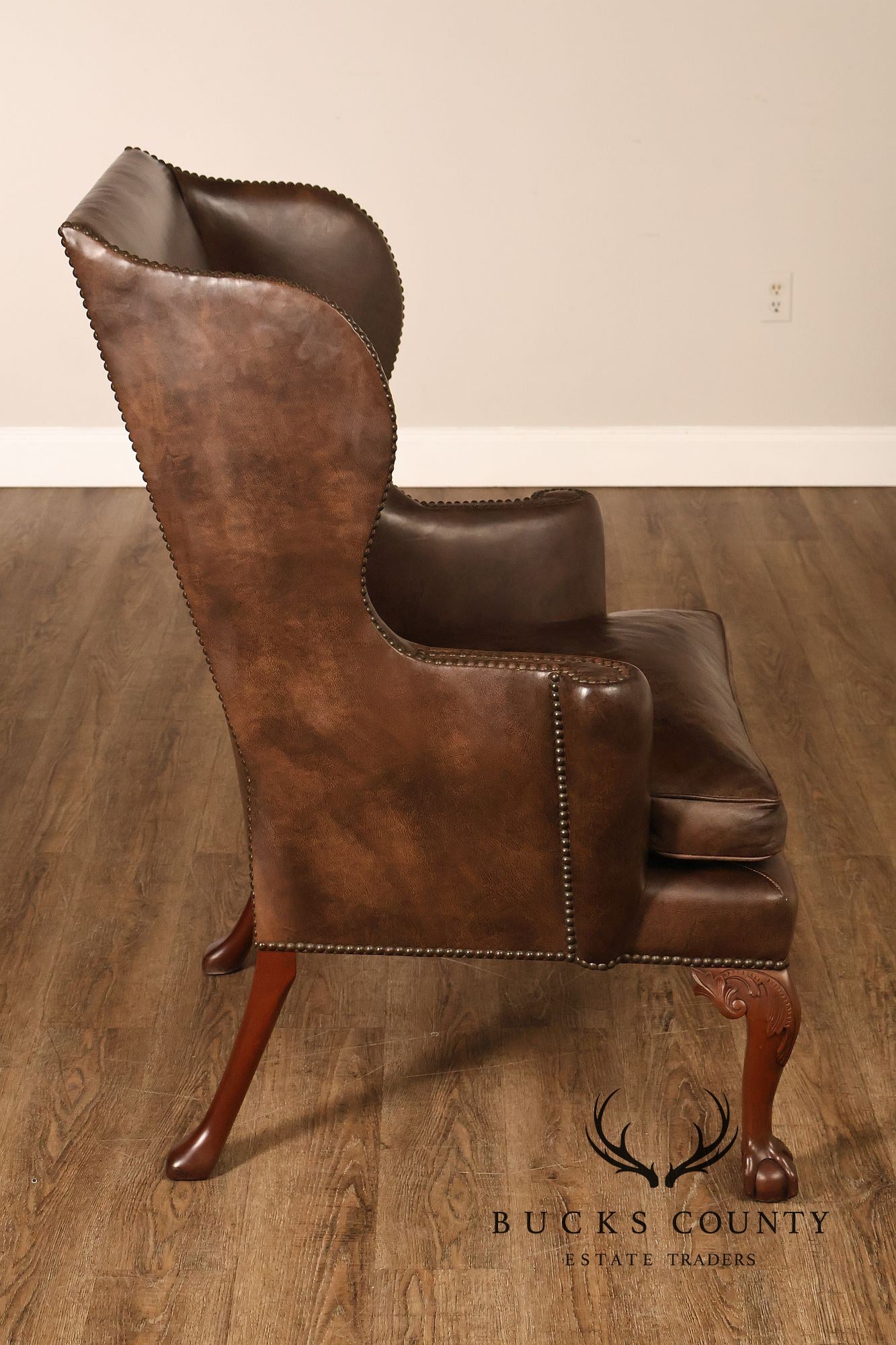 Kittinger Colonial Williamsburg Chippendale Style Pair Leather Wing Chairs