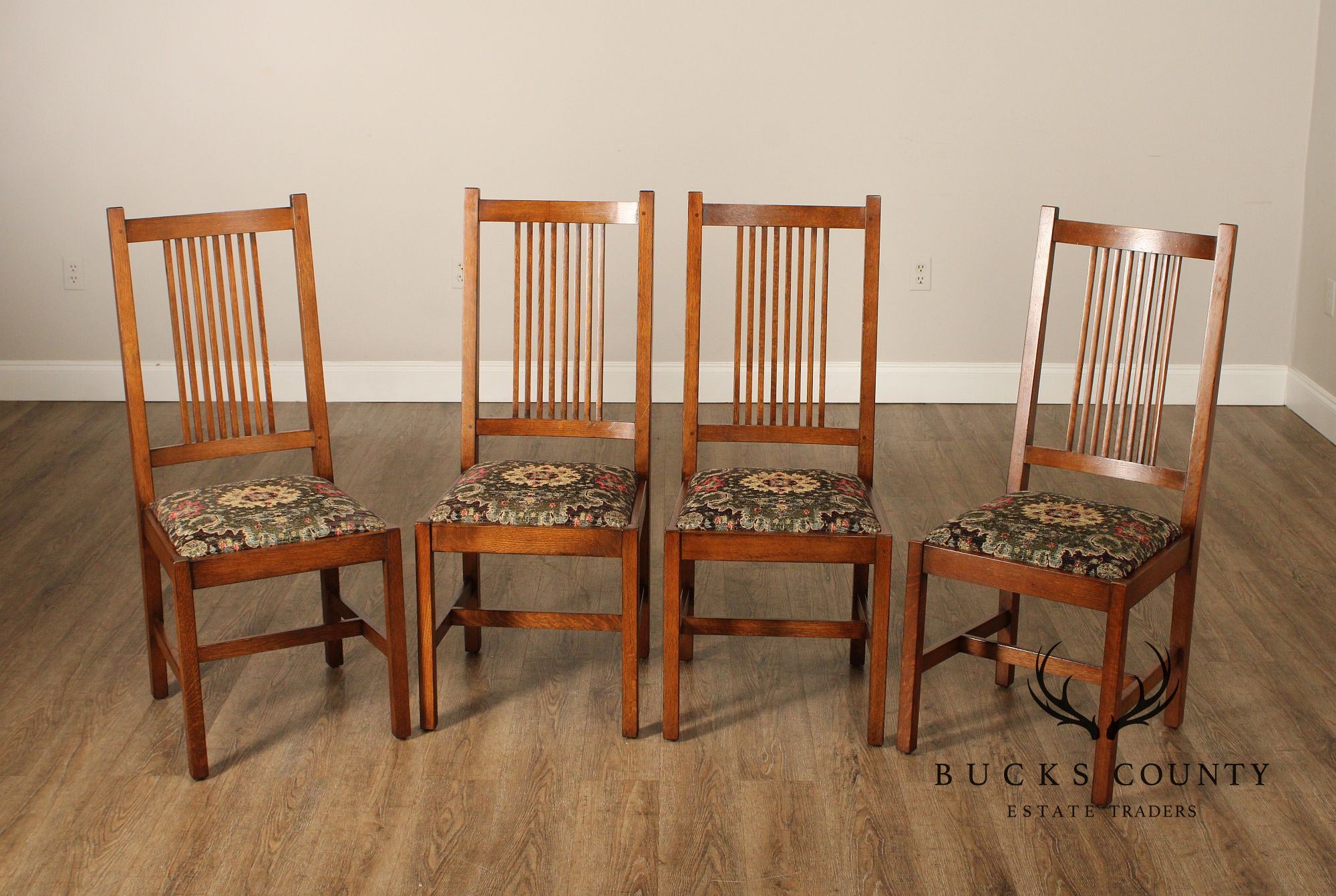 Stickley Mission Collection Set of Four Oak Spindle Dining Chairs