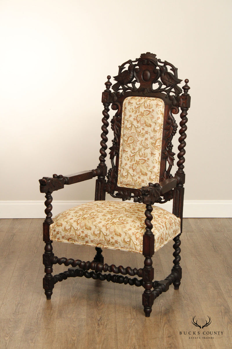 Renaissance Revival Antique Carved Oak Throne Armchair