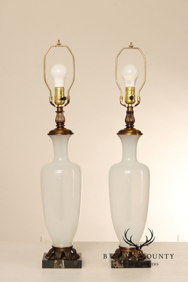 Mid Century Modern Pair of Opalescent Glass Vasiform Lamps