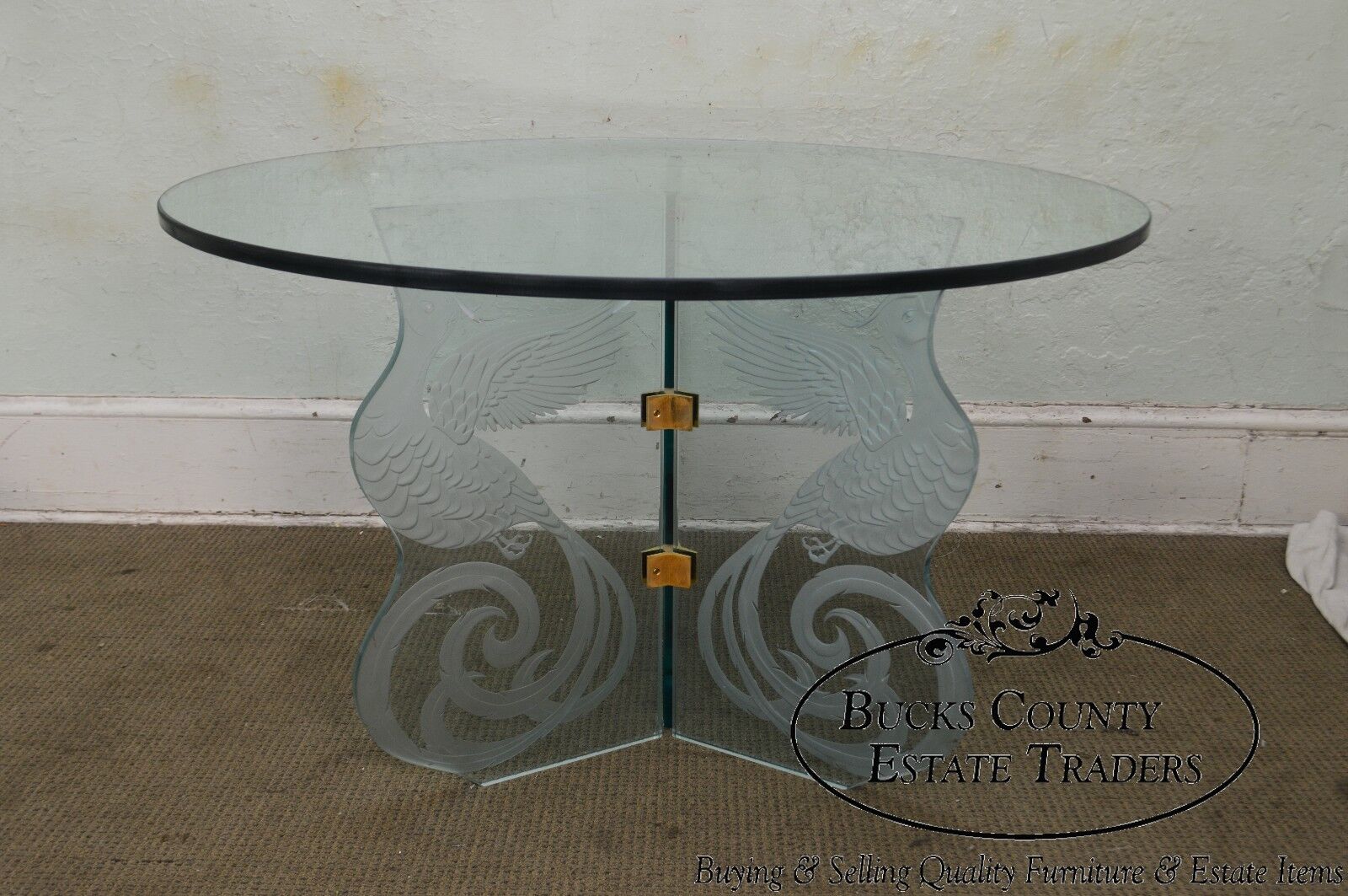 Contemporary Phoenix Etched Round Glass Dining Table (possibly Pace)