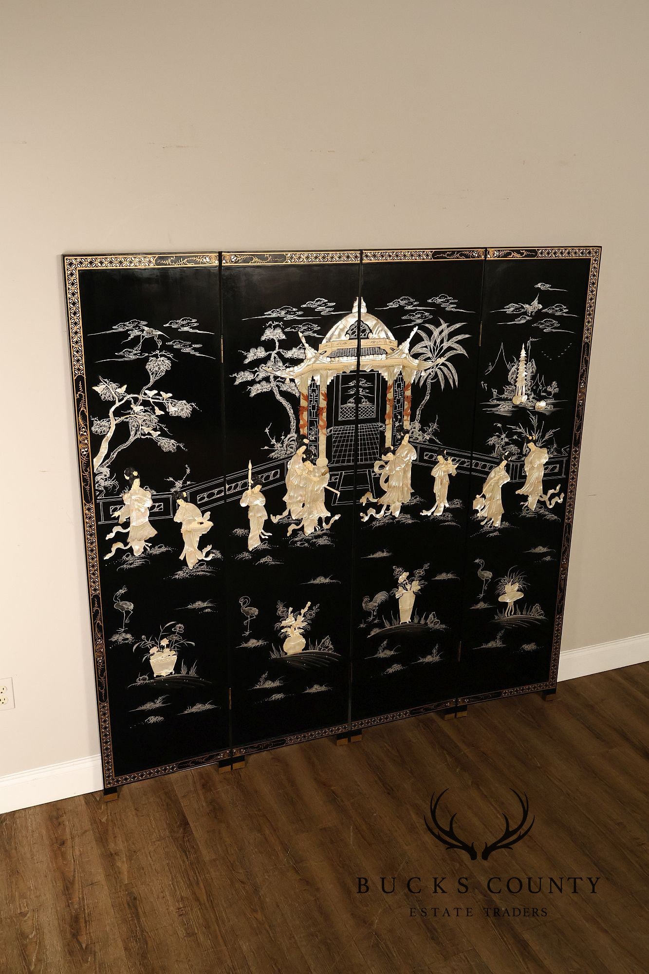 Asian Black Lacquer Vintage Pair Of Four Panel Folding Screens With Mother Of Pearl Inlay