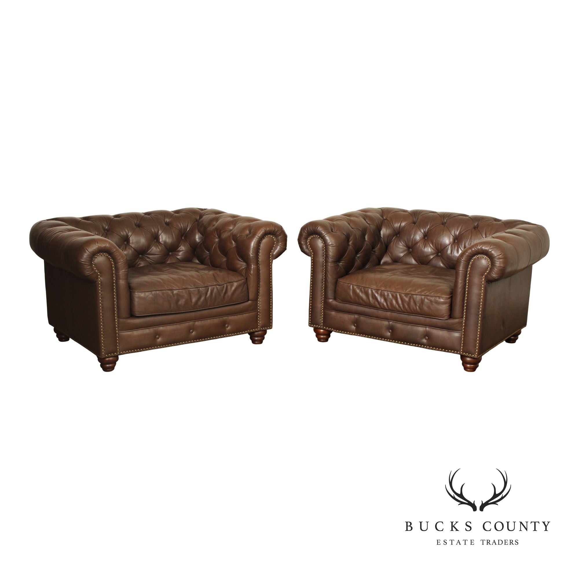 English Traditional Style Pair of Tufted Leather Chesterfield Wide Seat Club Chairs