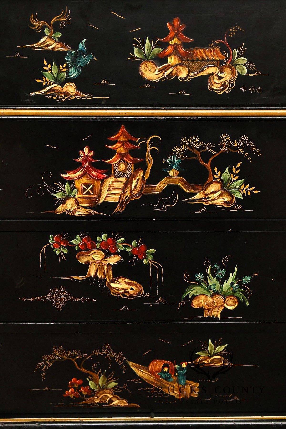 Chinoiserie Style Black Lacquer Hand Painted Sideboard With Hidden Secretary Desk